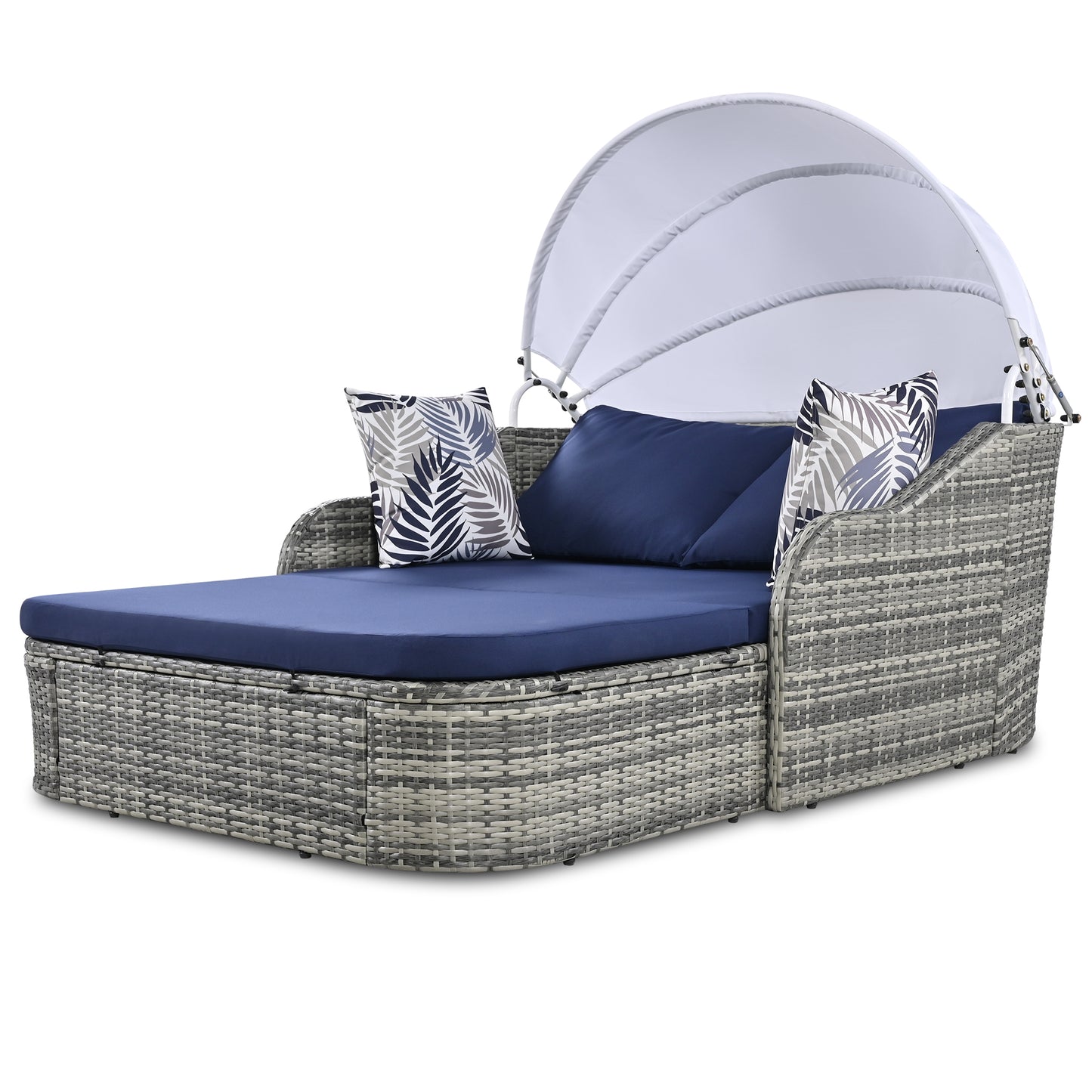 Melysen 79.9" Outdoor Sunbed with Adjustable Canopy, Daybed With Pillows, Double lounge, PE Rattan Daybed, Gray Wicker+Blue Cushion