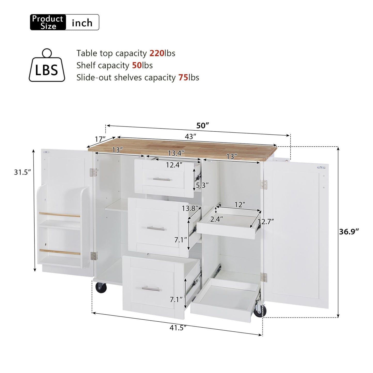 Melysen K&K Rolling Kitchen Island with Storage, Kitchen Cart with Rubber Wood Top, 3 Drawer, 2 Slide-Out Shelf and Internal Storage Rack, Kitchen Island on Wheels with Spice Rack & Tower Rack, White