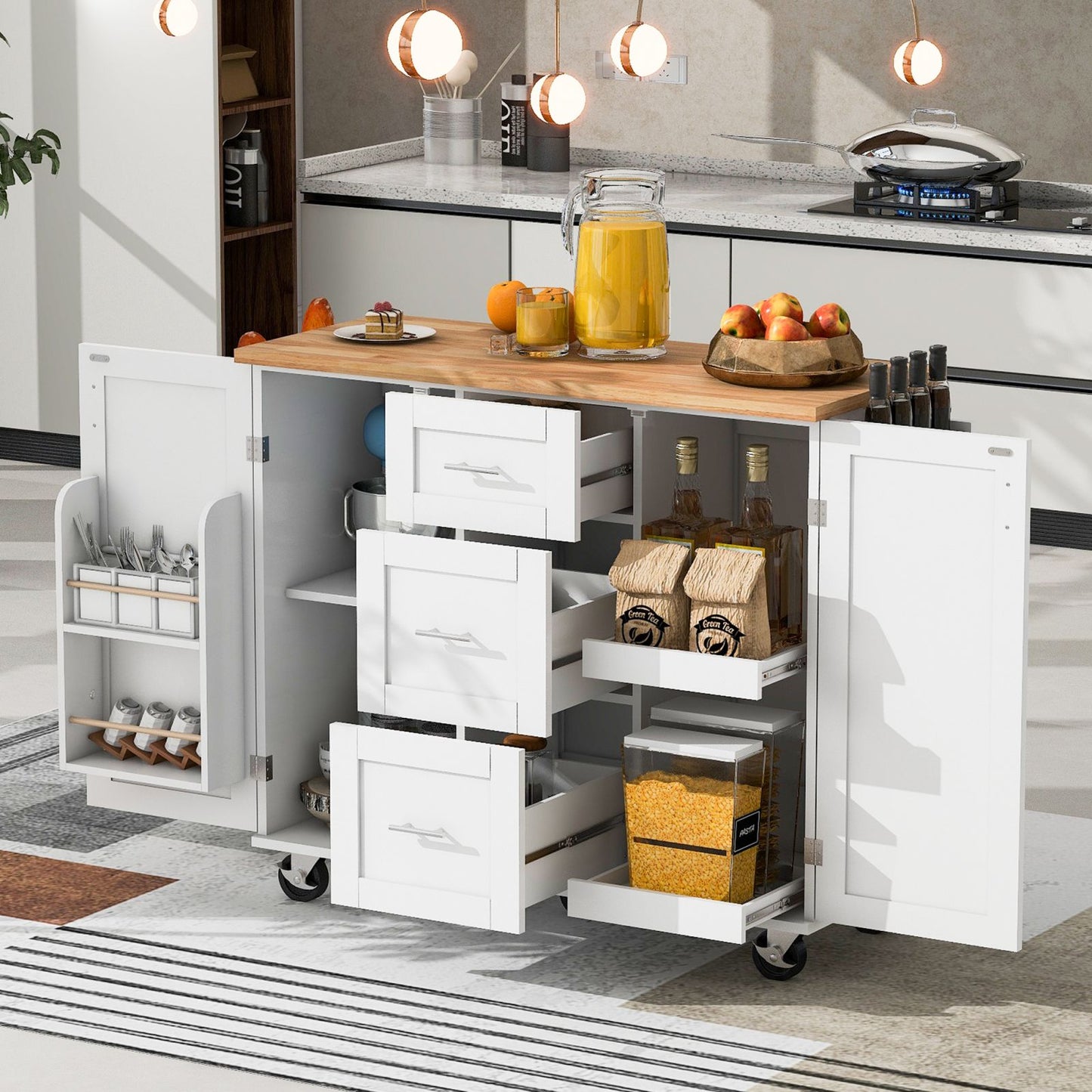 Melysen K&K Rolling Kitchen Island with Storage, Kitchen Cart with Rubber Wood Top, 3 Drawer, 2 Slide-Out Shelf and Internal Storage Rack, Kitchen Island on Wheels with Spice Rack & Tower Rack, White