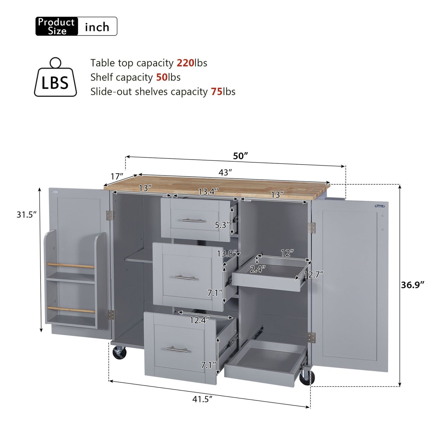 Melysen K&K Rolling Kitchen Island with Storage, Kitchen Cart with Rubber Wood Top, 3 Drawer, 2 Slide-Out Shelf and Internal Storage Rack, Kitchen Island on Wheels with Spice Rack & Tower Rack, Grey Blue