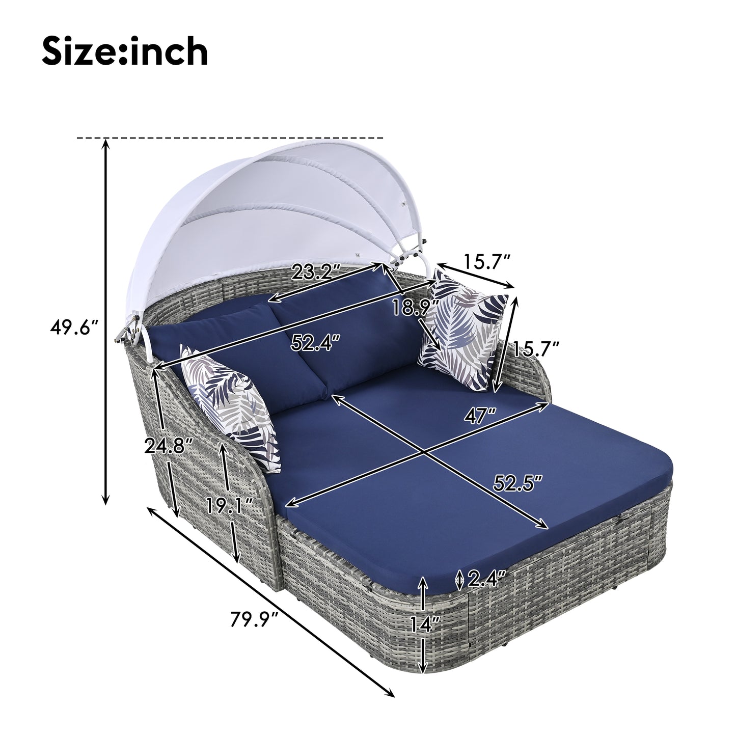 Melysen 79.9" Outdoor Sunbed with Adjustable Canopy, Daybed With Pillows, Double lounge, PE Rattan Daybed, Gray Wicker+Blue Cushion