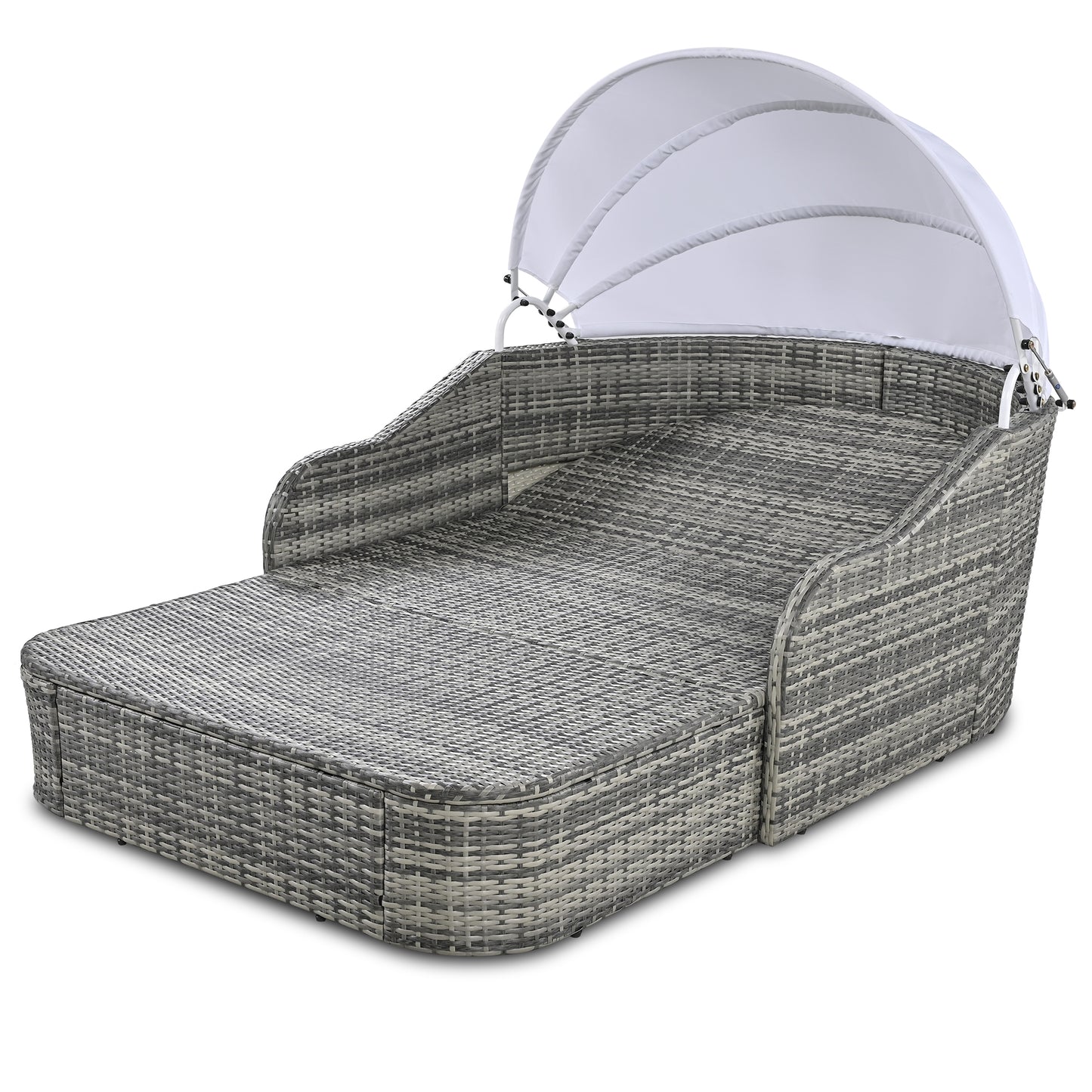 Melysen 79.9" Outdoor Sunbed with Adjustable Canopy, Daybed With Pillows, Double lounge, PE Rattan Daybed, Gray Wicker+Blue Cushion