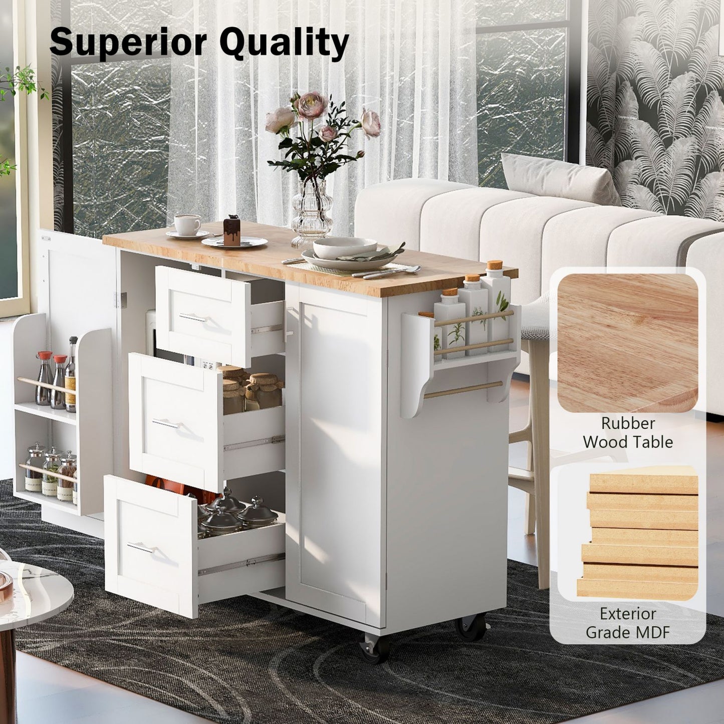 Melysen K&K Rolling Kitchen Island with Storage, Kitchen Cart with Rubber Wood Top, 3 Drawer, 2 Slide-Out Shelf and Internal Storage Rack, Kitchen Island on Wheels with Spice Rack & Tower Rack, White