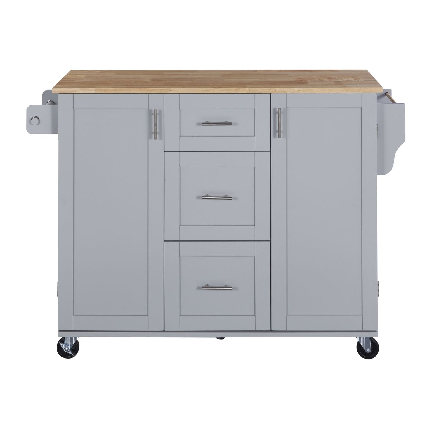 Melysen K&K Rolling Kitchen Island with Storage, Kitchen Cart with Rubber Wood Top, 3 Drawer, 2 Slide-Out Shelf and Internal Storage Rack, Kitchen Island on Wheels with Spice Rack & Tower Rack, Grey Blue