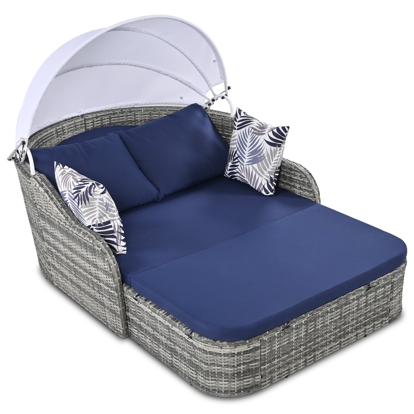 Melysen 79.9" Outdoor Sunbed with Adjustable Canopy, Daybed With Pillows, Double lounge, PE Rattan Daybed, Gray Wicker+Blue Cushion