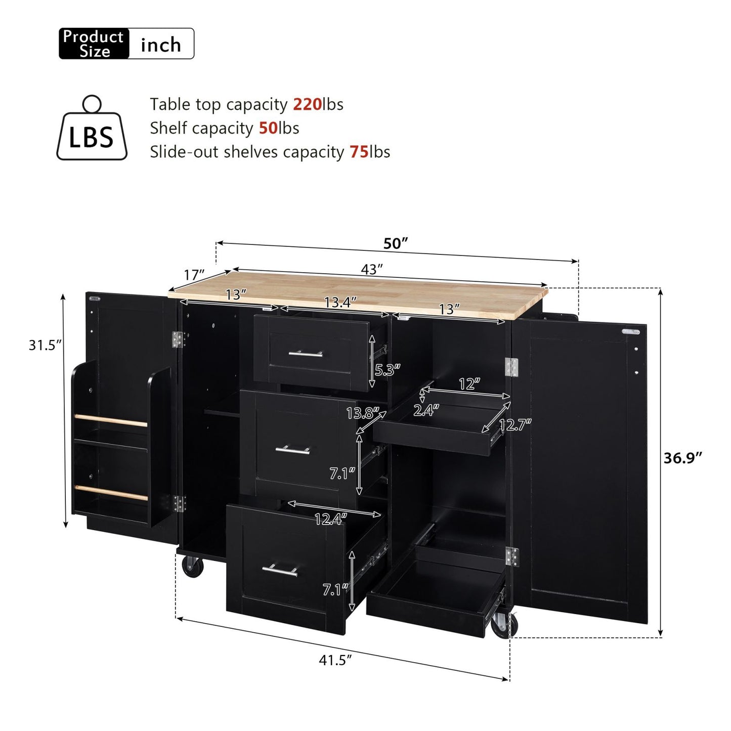 Melysen K&K Rolling Kitchen Island with Storage, Kitchen Cart with Rubber Wood Top, 3 Drawer, 2 Slide-Out Shelf and Internal Storage Rack, Kitchen Island on Wheels with Spice Rack & Tower Rack, Black