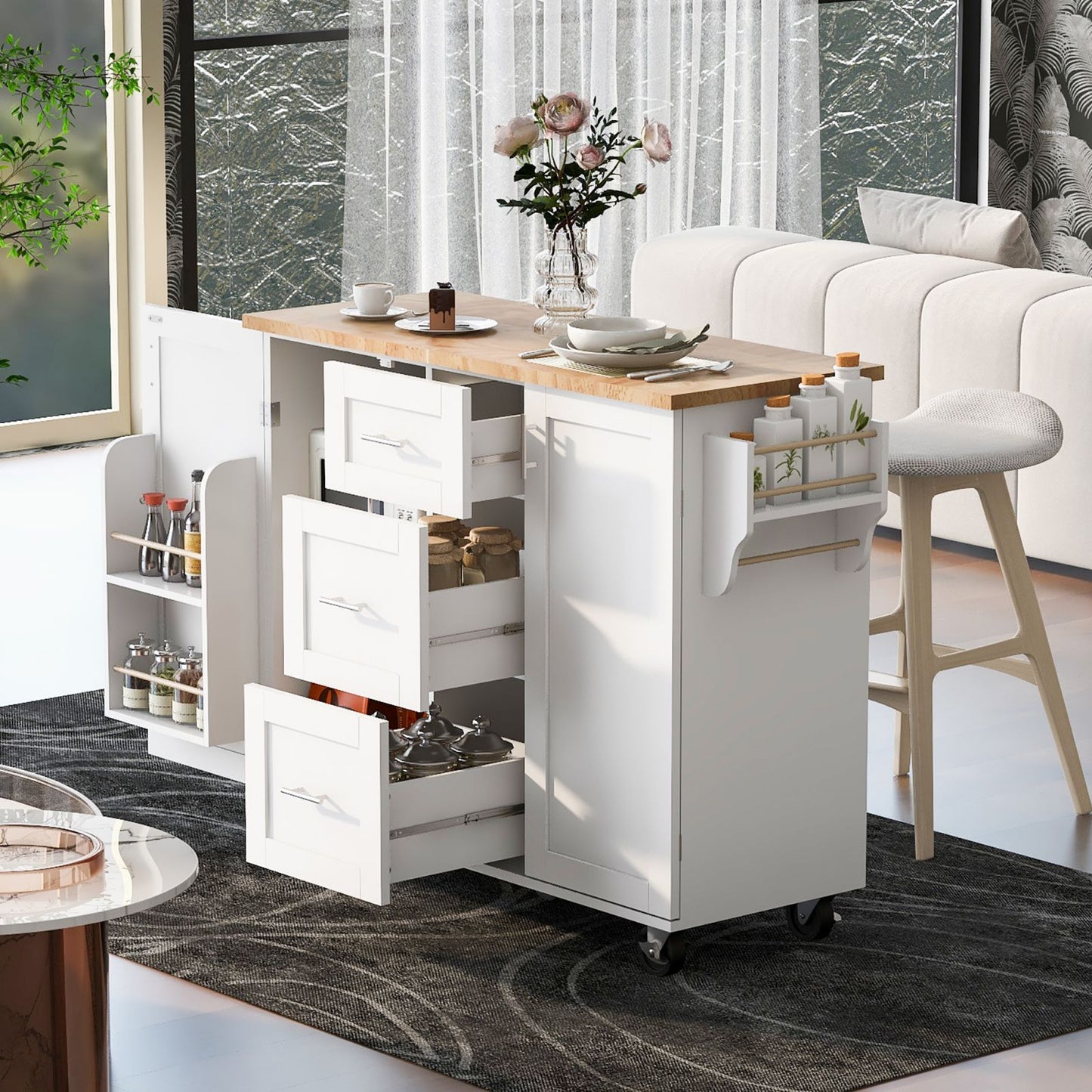 Melysen K&K Rolling Kitchen Island with Storage, Kitchen Cart with Rubber Wood Top, 3 Drawer, 2 Slide-Out Shelf and Internal Storage Rack, Kitchen Island on Wheels with Spice Rack & Tower Rack, White