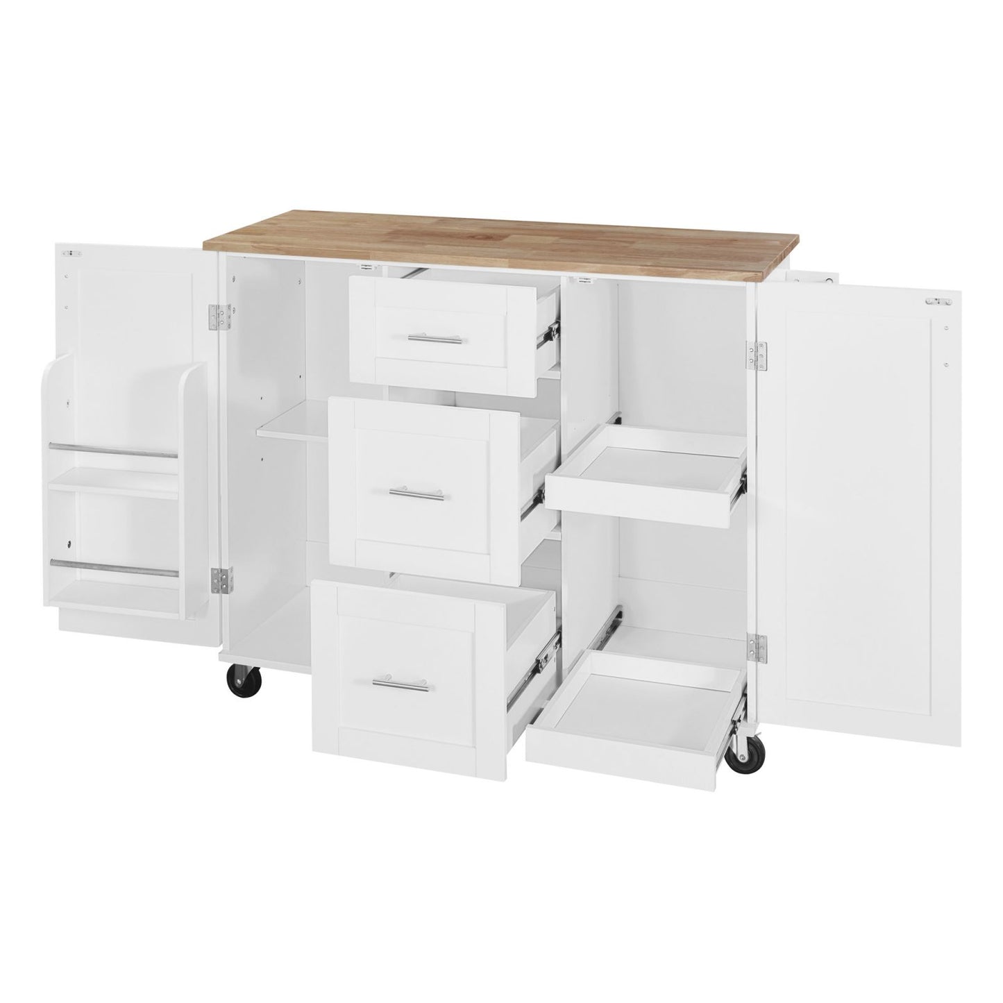 Melysen K&K Rolling Kitchen Island with Storage, Kitchen Cart with Rubber Wood Top, 3 Drawer, 2 Slide-Out Shelf and Internal Storage Rack, Kitchen Island on Wheels with Spice Rack & Tower Rack, White