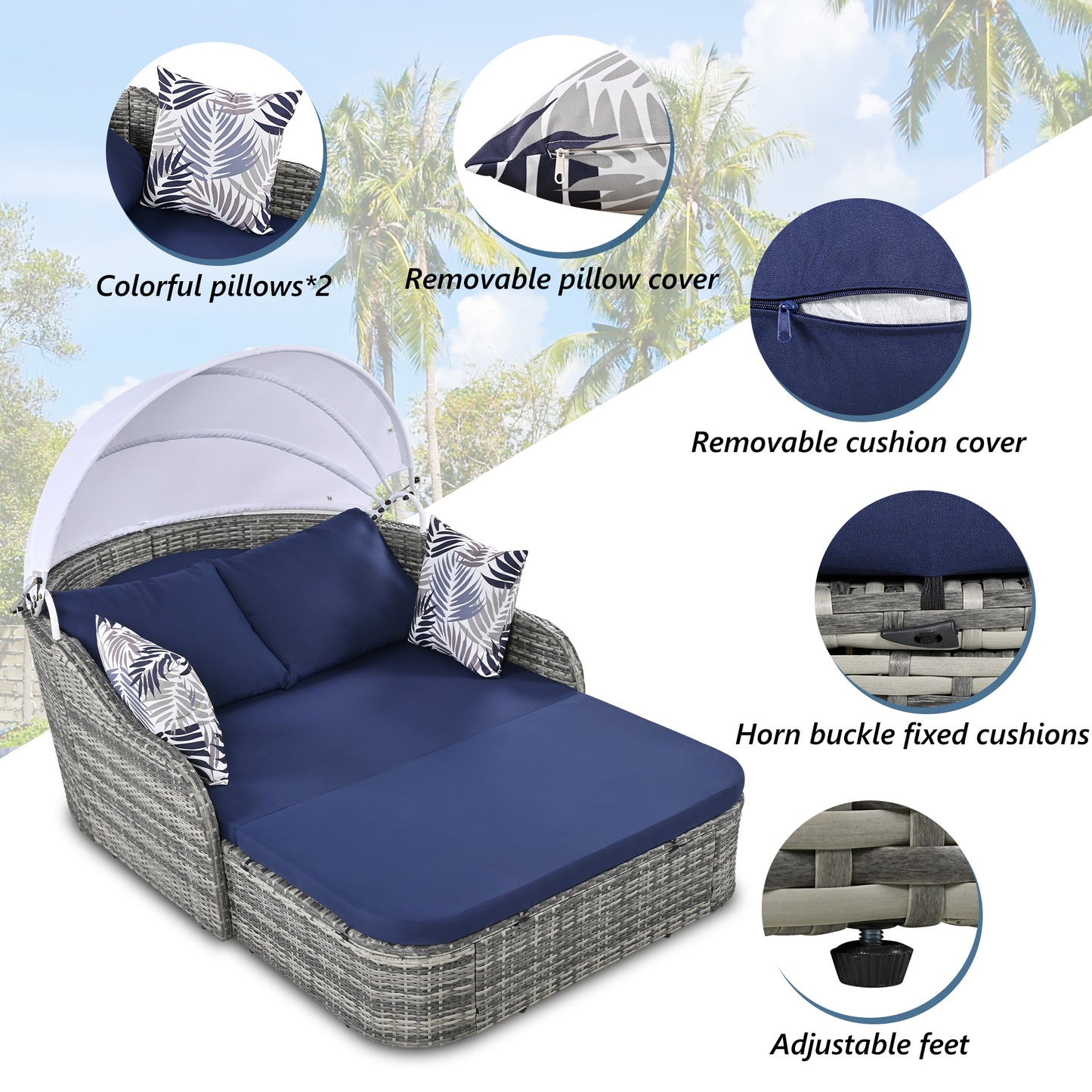 Melysen 79.9" Outdoor Sunbed with Adjustable Canopy, Daybed With Pillows, Double lounge, PE Rattan Daybed, Gray Wicker+Blue Cushion