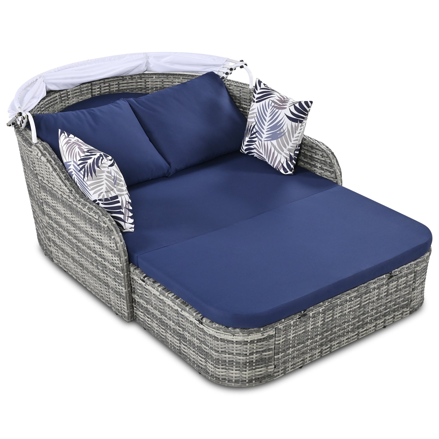 Melysen 79.9" Outdoor Sunbed with Adjustable Canopy, Daybed With Pillows, Double lounge, PE Rattan Daybed, Gray Wicker+Blue Cushion