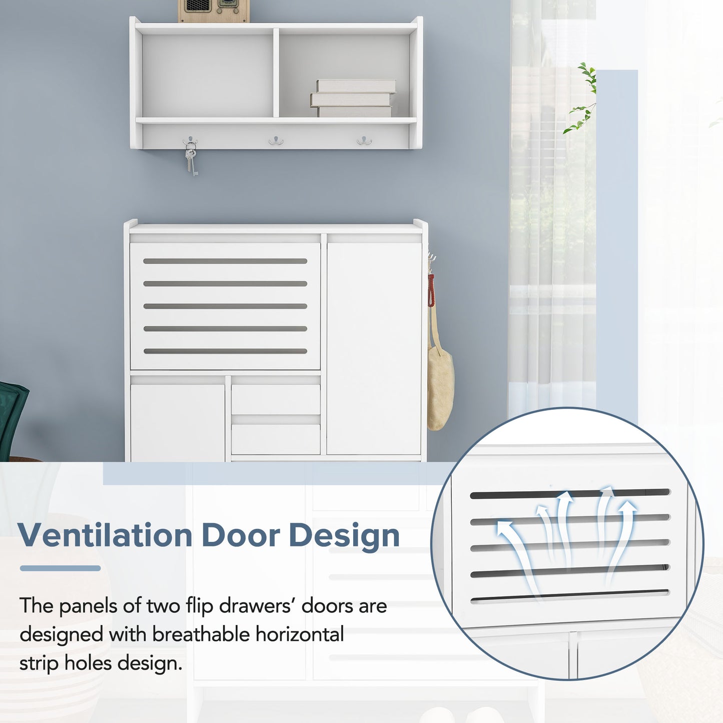 Melysen Multi-Functional Shoe Cabinet with Wall Cabinet, Space-saving Design Foyer Cabinet with 2 Flip Drawers, Versatile Side Cabinet for Hallway, White