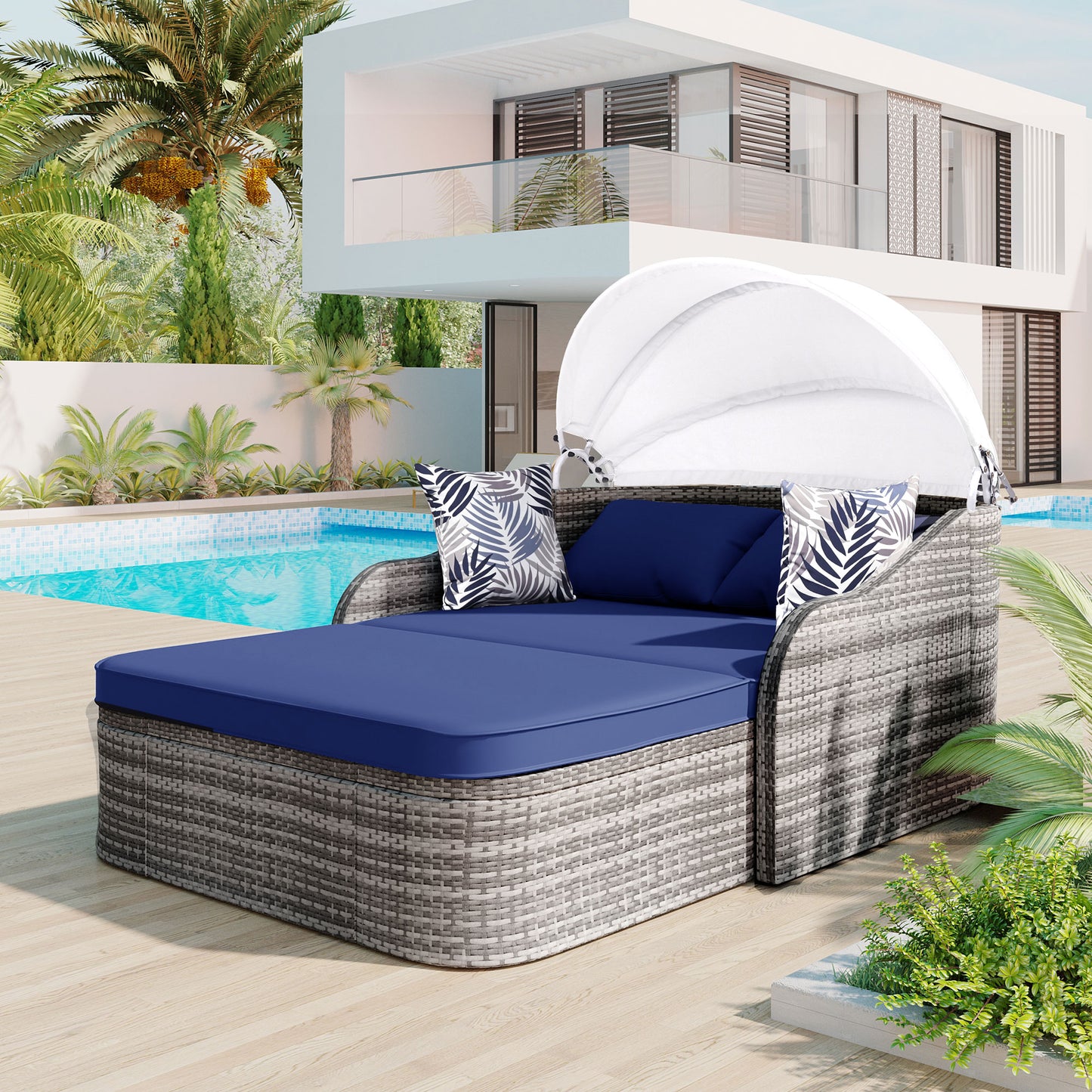 Melysen 79.9" Outdoor Sunbed with Adjustable Canopy, Daybed With Pillows, Double lounge, PE Rattan Daybed, Gray Wicker+Blue Cushion