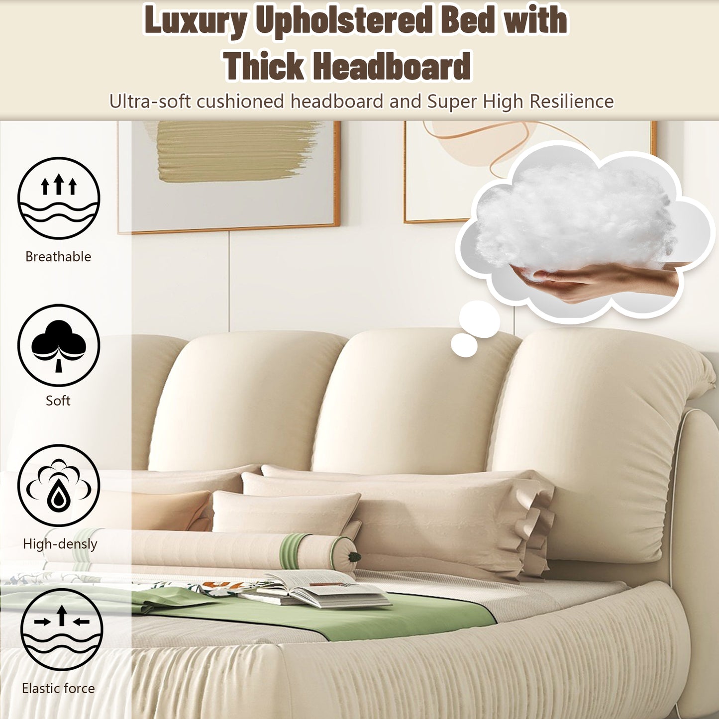 Melysen Queen Size Luxury Upholstered Bed with Thick Headboard, Velvet Queen Bed with Oversized Padded Backrest, Beige