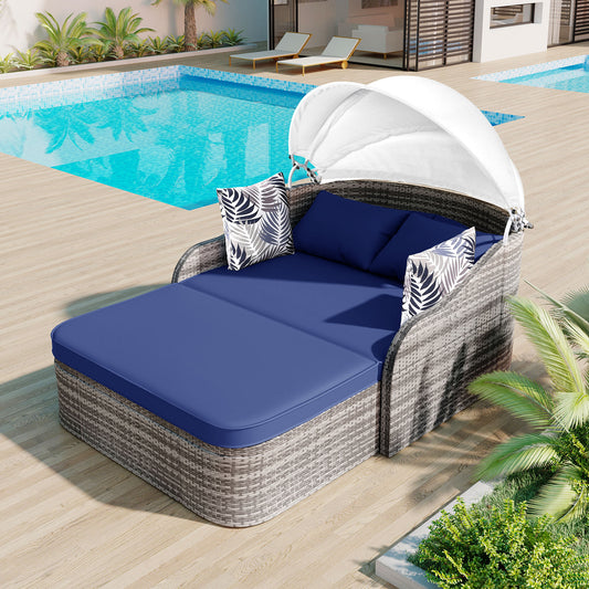 Melysen 79.9" Outdoor Sunbed with Adjustable Canopy, Daybed With Pillows, Double lounge, PE Rattan Daybed, Gray Wicker+Blue Cushion