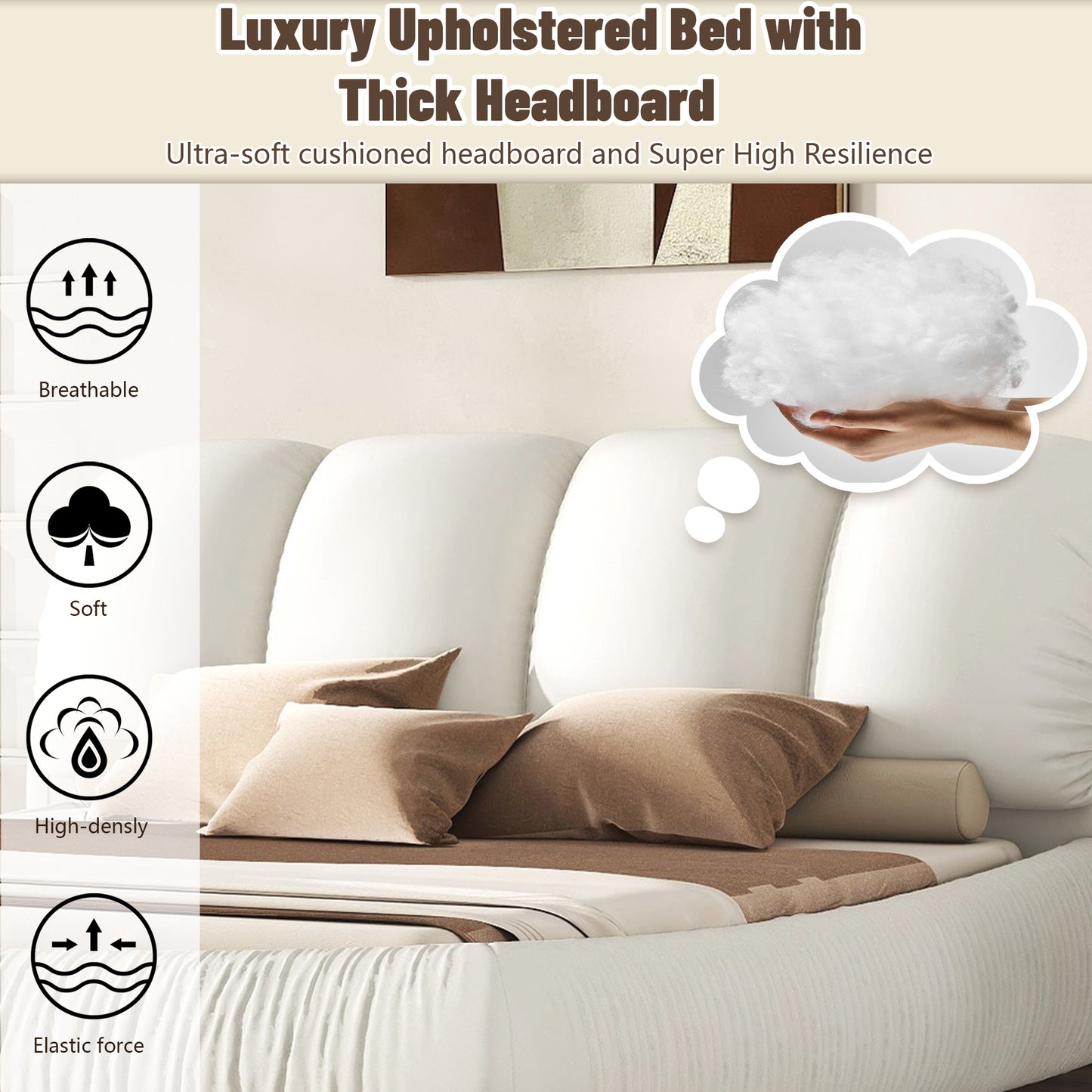 Melysen King Size Luxury Upholstered Bed with Thick Headboard, Leather King Bed with Oversized Padded Backrest, White