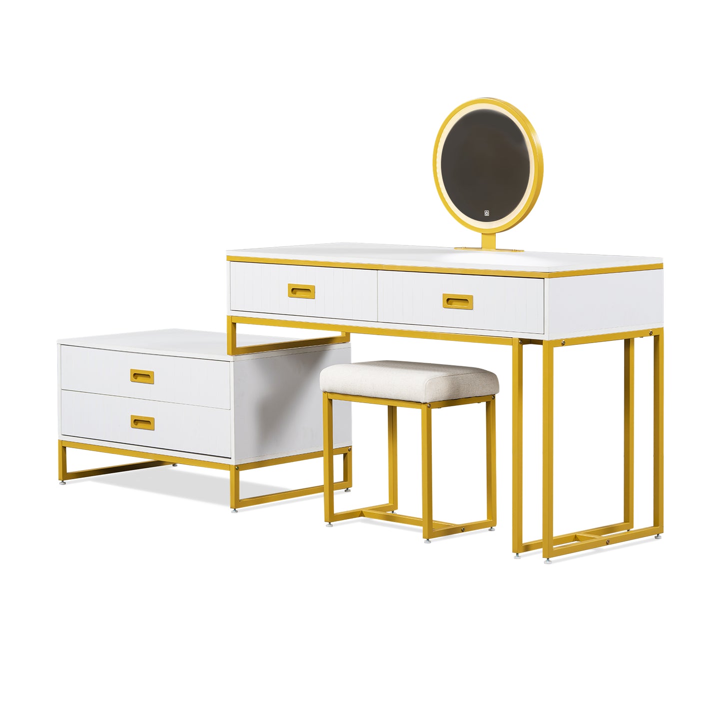 Melysen Modern Style Vanity Table With Movable Side Cabinet And 4-Drawers, Large Size Dressing Table With Mirror and 3-colors LED Light, Makeup Table With Stool, White, Golden Legs