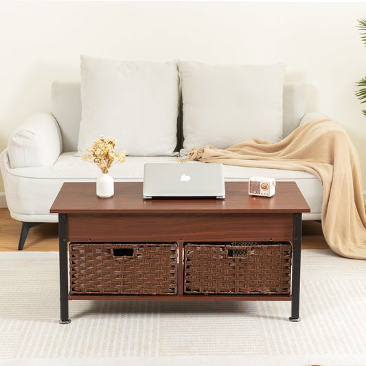 Melysen Wooden Living Room Coffee Table With 2 Wicker Baskets,Brown