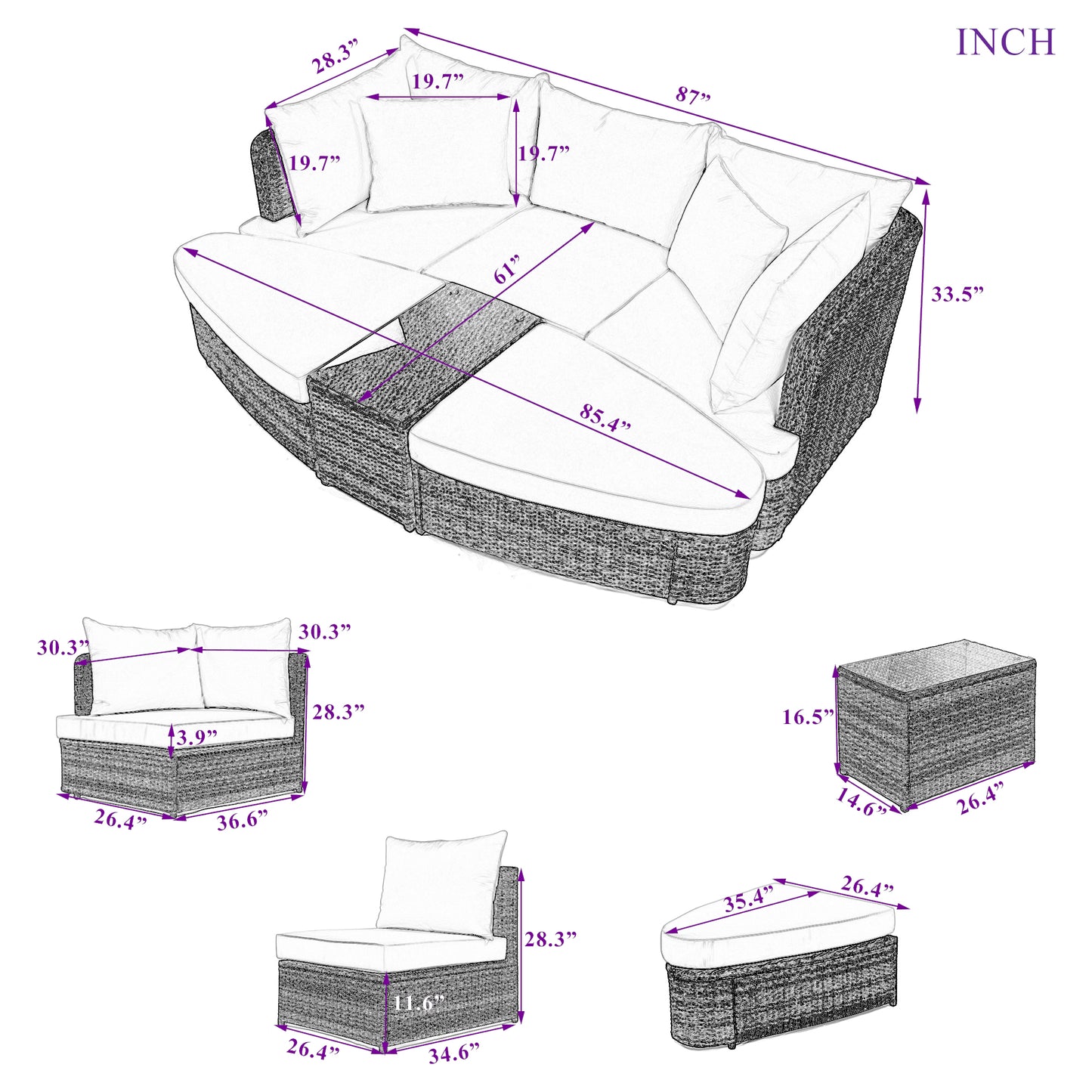 Melysen 6-Piece Patio Outdoor Conversation Round Sofa Set, PE Wicker Rattan Separate Seating Group with Coffee Table