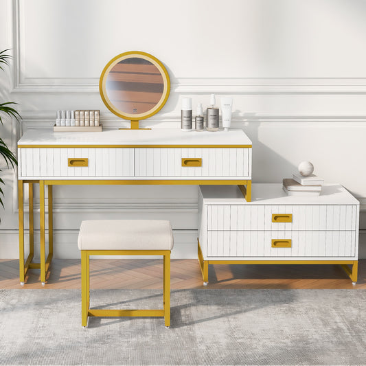 Melysen Modern Style Vanity Table With Movable Side Cabinet And 4-Drawers, Large Size Dressing Table With Mirror and 3-colors LED Light, Makeup Table With Stool, White, Golden Legs