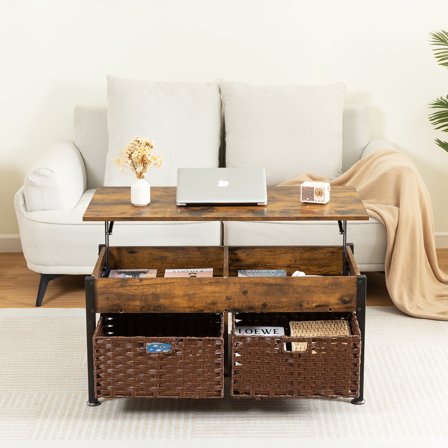 Melysen Wooden Living Room Coffee Table With 2 Wicker Baskets,Light Brown