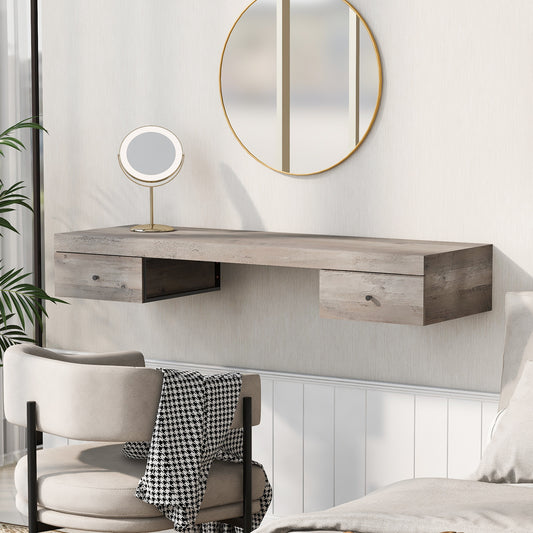 Melysen 47.2" Wall-mounted Vanity Desk, Floating Vanity Shelf with Drawers, Dressing Table With Wooden Sticker,Computer Table Desk, Home Office Desk, Log Gray