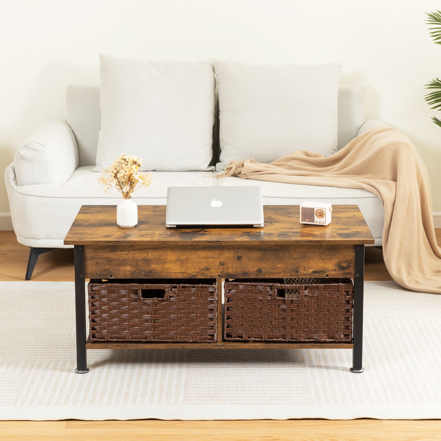 Melysen Wooden Living Room Coffee Table With 2 Wicker Baskets,Light Brown