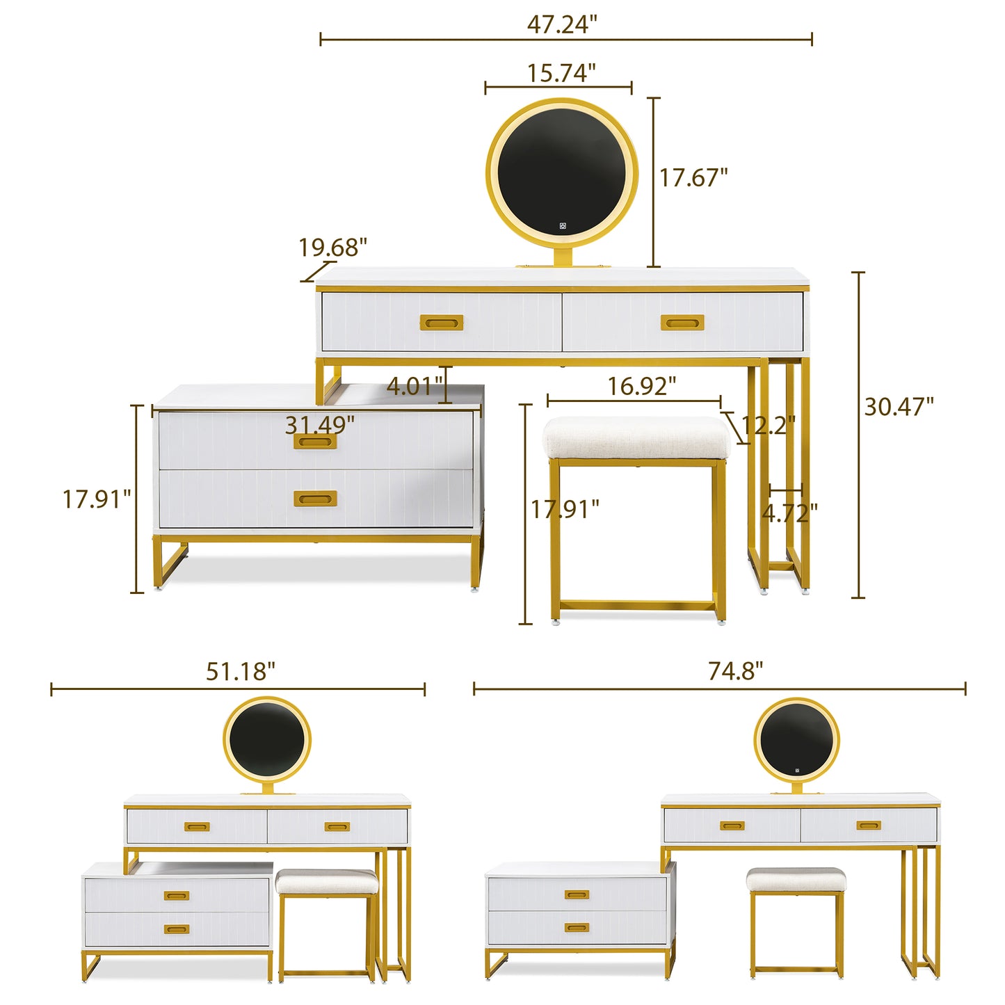 Melysen Modern Style Vanity Table With Movable Side Cabinet And 4-Drawers, Large Size Dressing Table With Mirror and 3-colors LED Light, Makeup Table With Stool, White, Golden Legs