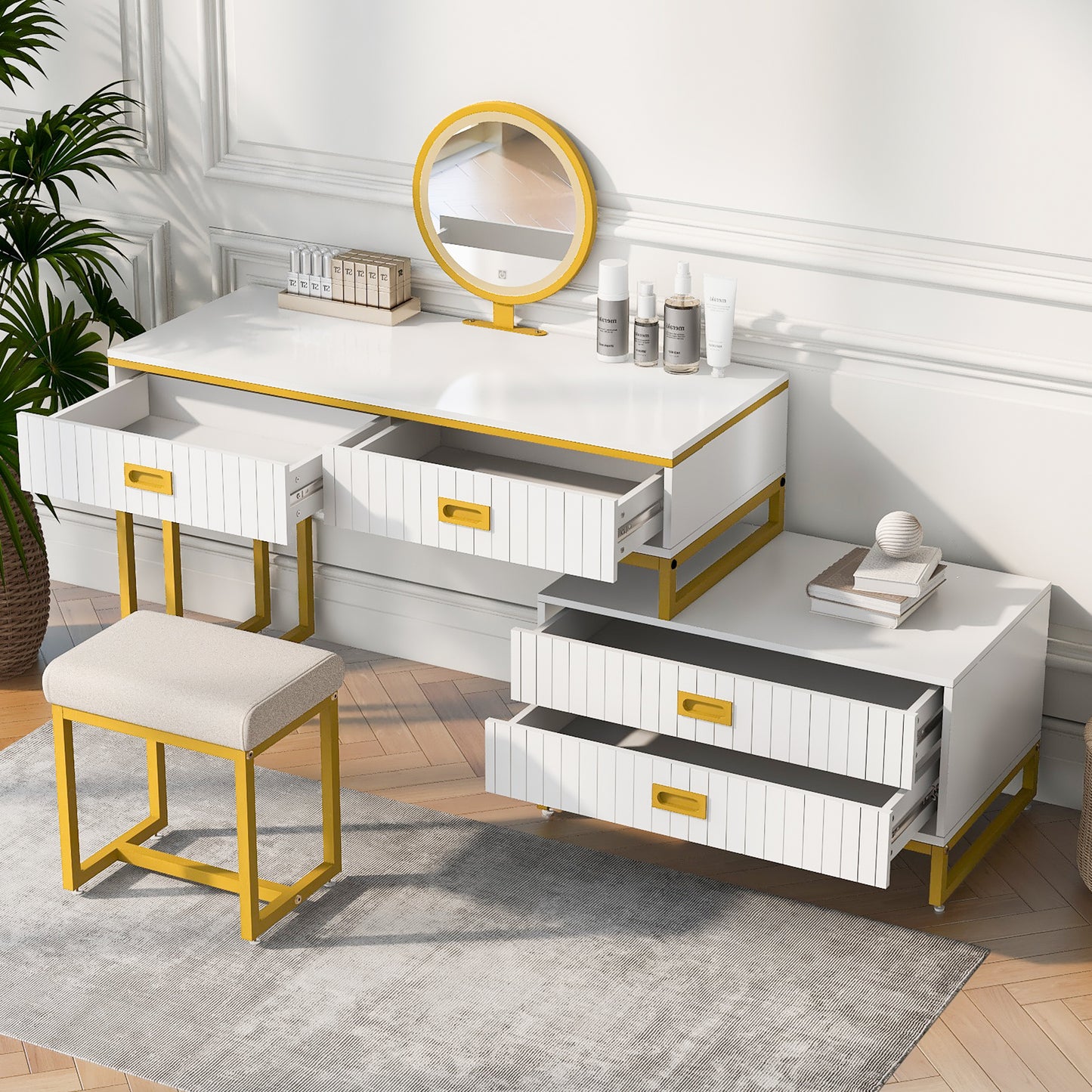 Melysen Modern Style Vanity Table With Movable Side Cabinet And 4-Drawers, Large Size Dressing Table With Mirror and 3-colors LED Light, Makeup Table With Stool, White, Golden Legs