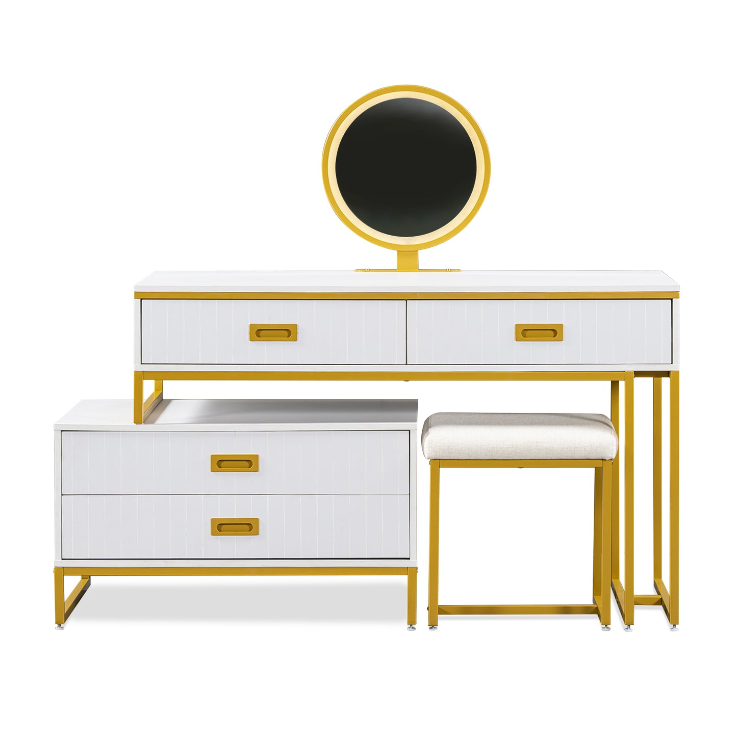 Melysen Modern Style Vanity Table With Movable Side Cabinet And 4-Drawers, Large Size Dressing Table With Mirror and 3-colors LED Light, Makeup Table With Stool, White, Golden Legs