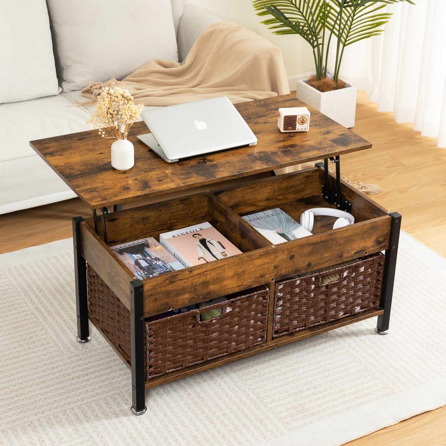 Melysen Wooden Living Room Coffee Table With 2 Wicker Baskets,Light Brown