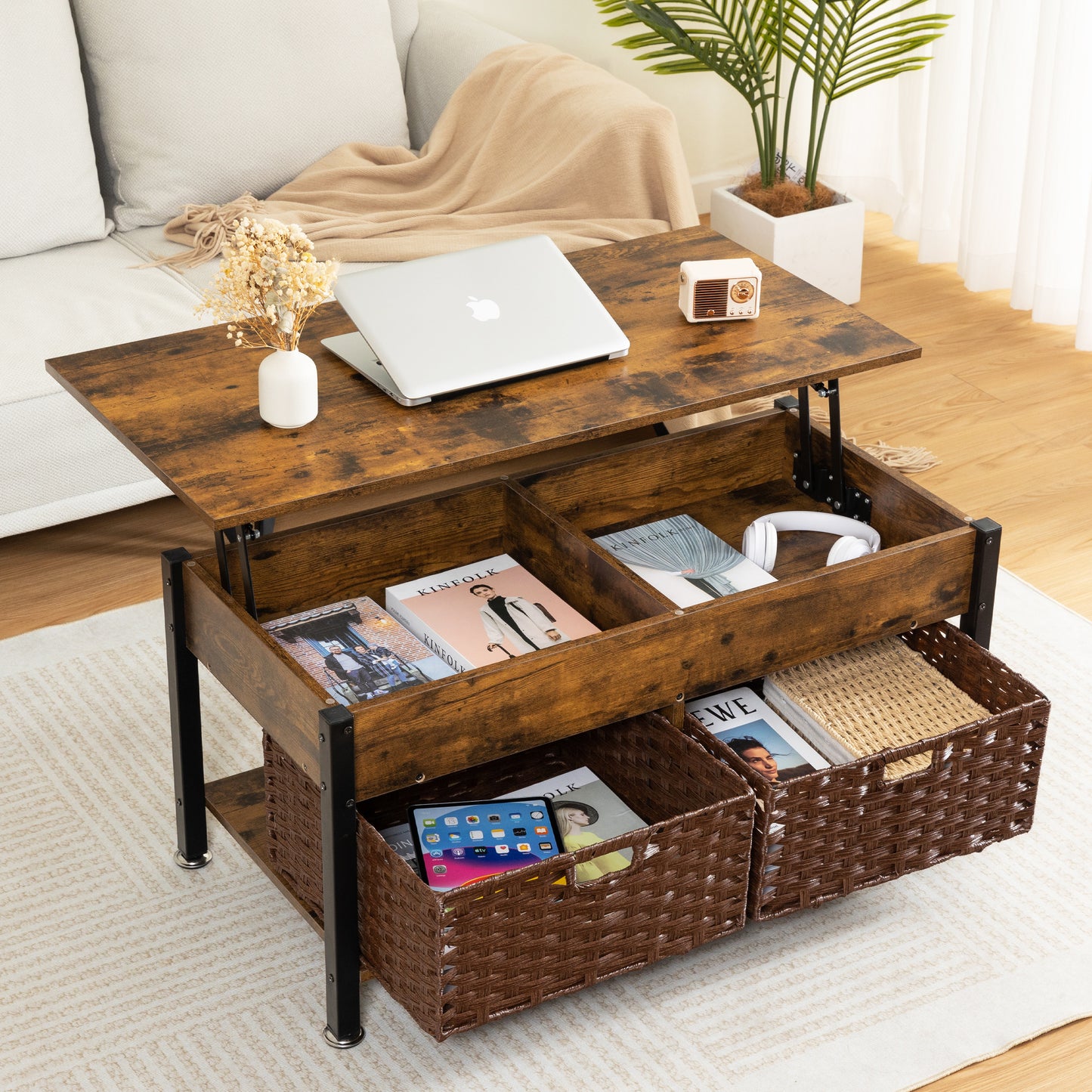 Melysen Wooden Living Room Coffee Table With 2 Wicker Baskets,Light Brown