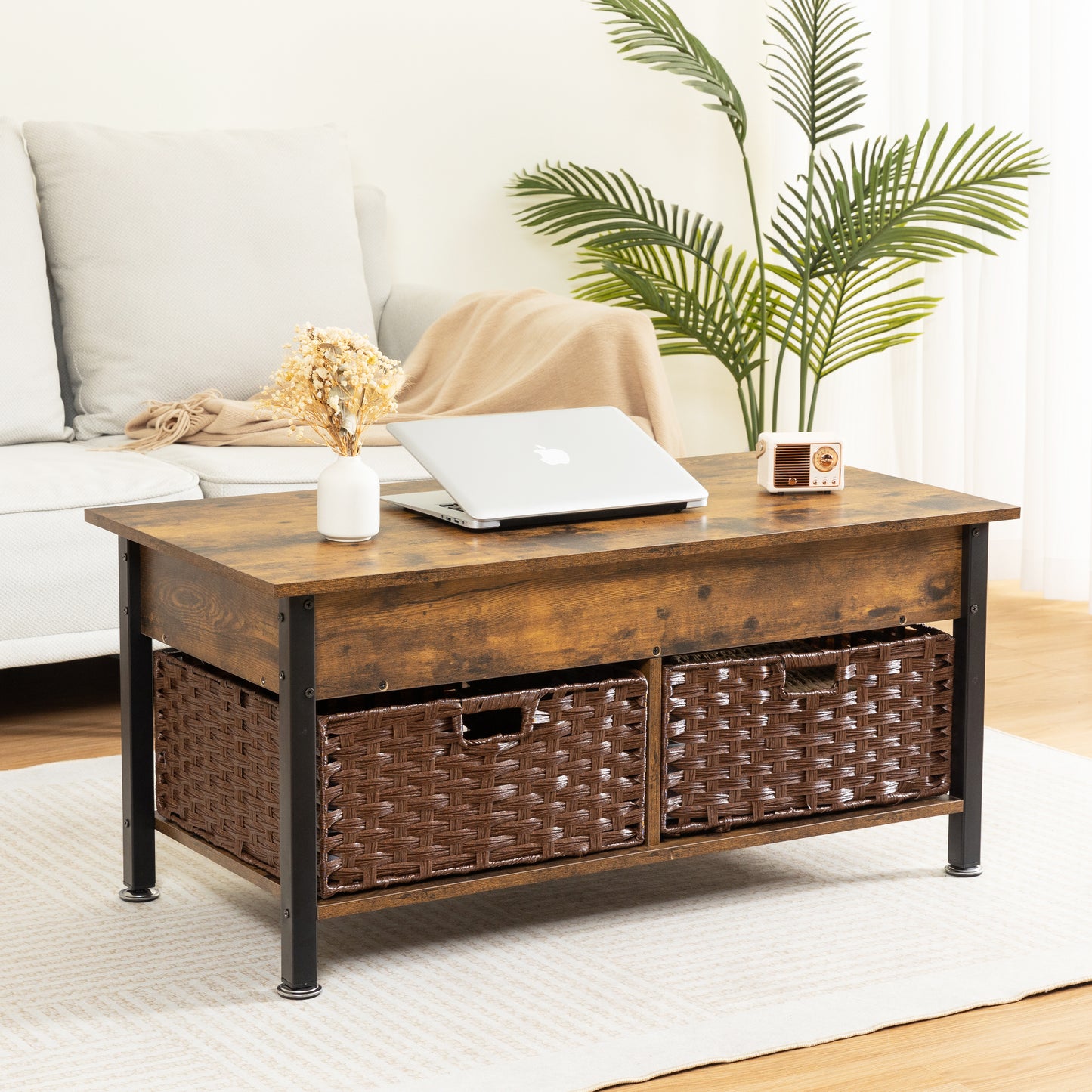 Melysen Wooden Living Room Coffee Table With 2 Wicker Baskets,Light Brown