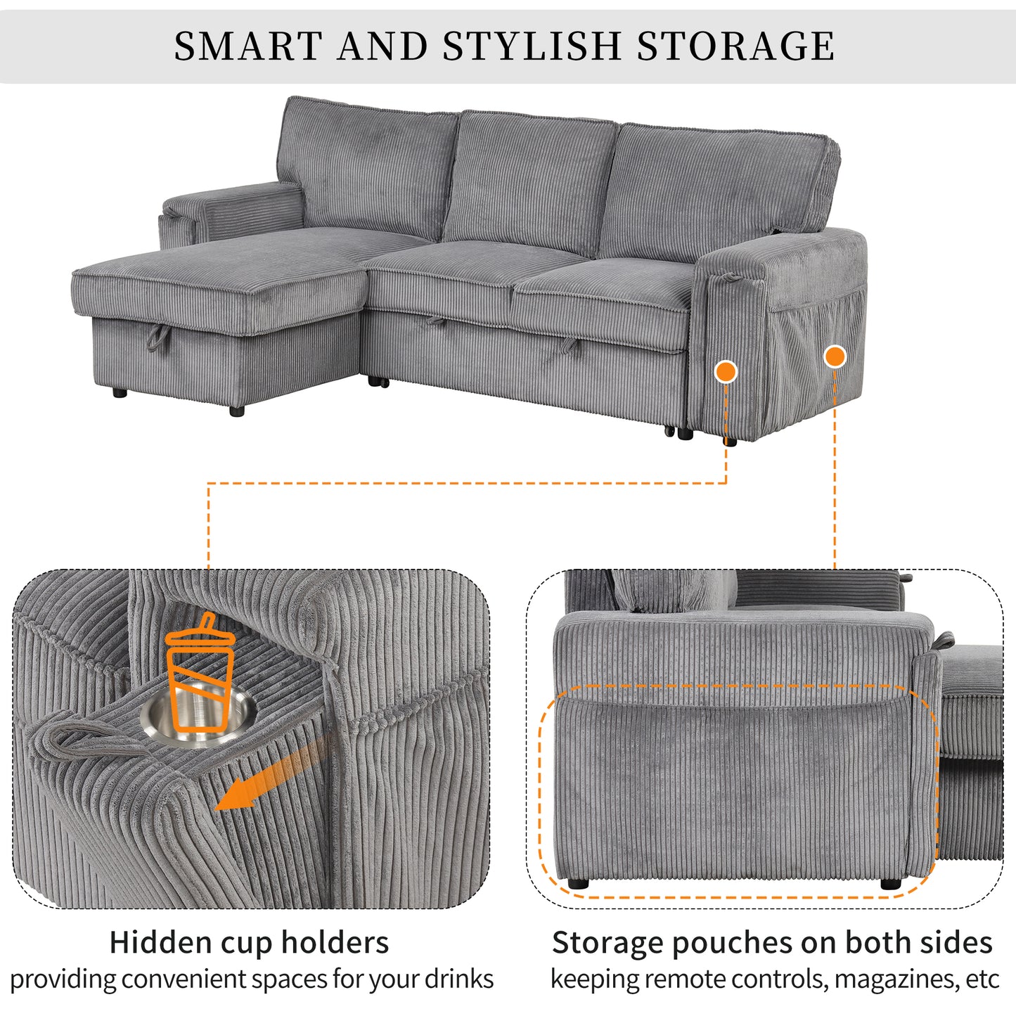 Melysen Upholstery Sleeper Sectional Sofa with Storage Bags and 2 cup holders on Arms