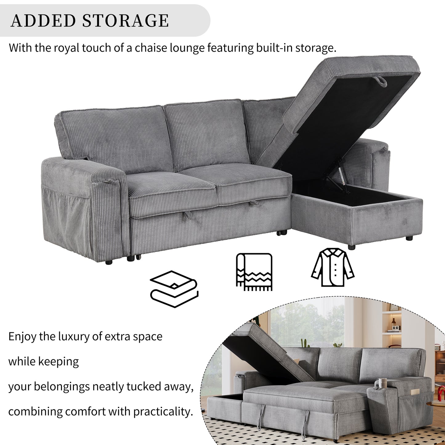 Melysen Upholstery Sleeper Sectional Sofa with Storage Bags and 2 cup holders on Arms