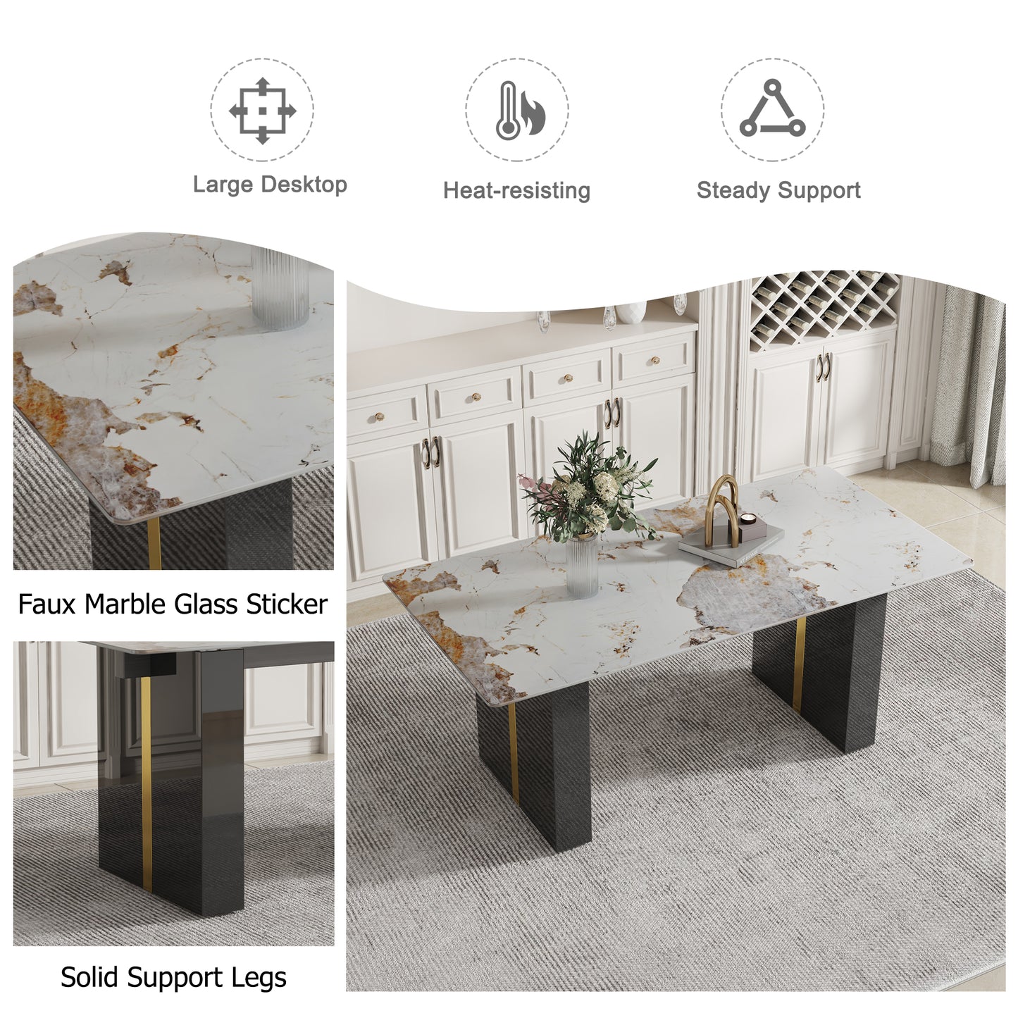 Melysen Large Modern Rectangular Table with 0.39 Inch Patterned Tabletop and Large Mdf Table Legs, Suitable For Kitchen, Dining Room, and Living Room 71"* 35.4" * 30"