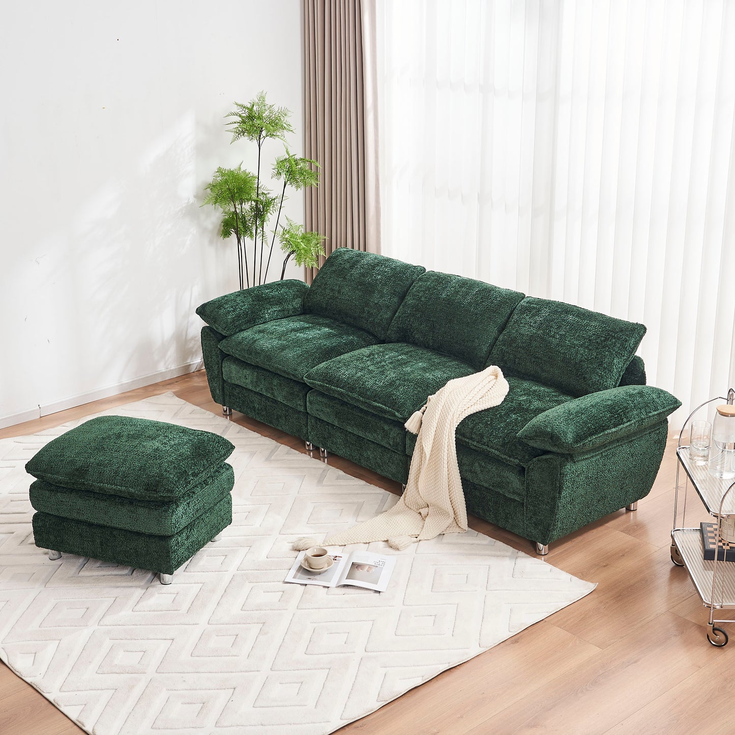 Melysen Modern Deep 3-Seat Sofa Couch with Ottoman, Polyester Sofa Sleeper Comfy Upholstered Furniture for Living Room, Apartment, Studio, Office, Green