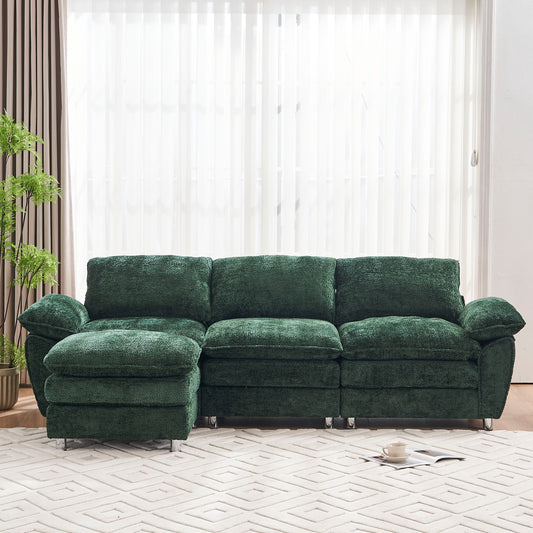 Melysen Modern Deep 3-Seat Sofa Couch with Ottoman, Polyester Sofa Sleeper Comfy Upholstered Furniture for Living Room, Apartment, Studio, Office, Green