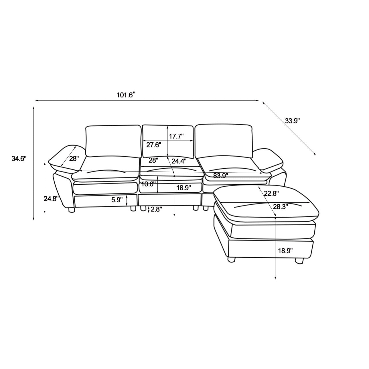 Melysen Modern Deep 3-Seat Sofa Couch with Ottoman, Polyester Sofa Sleeper Comfy Upholstered Furniture for Living Room, Apartment, Studio, Office, Beige