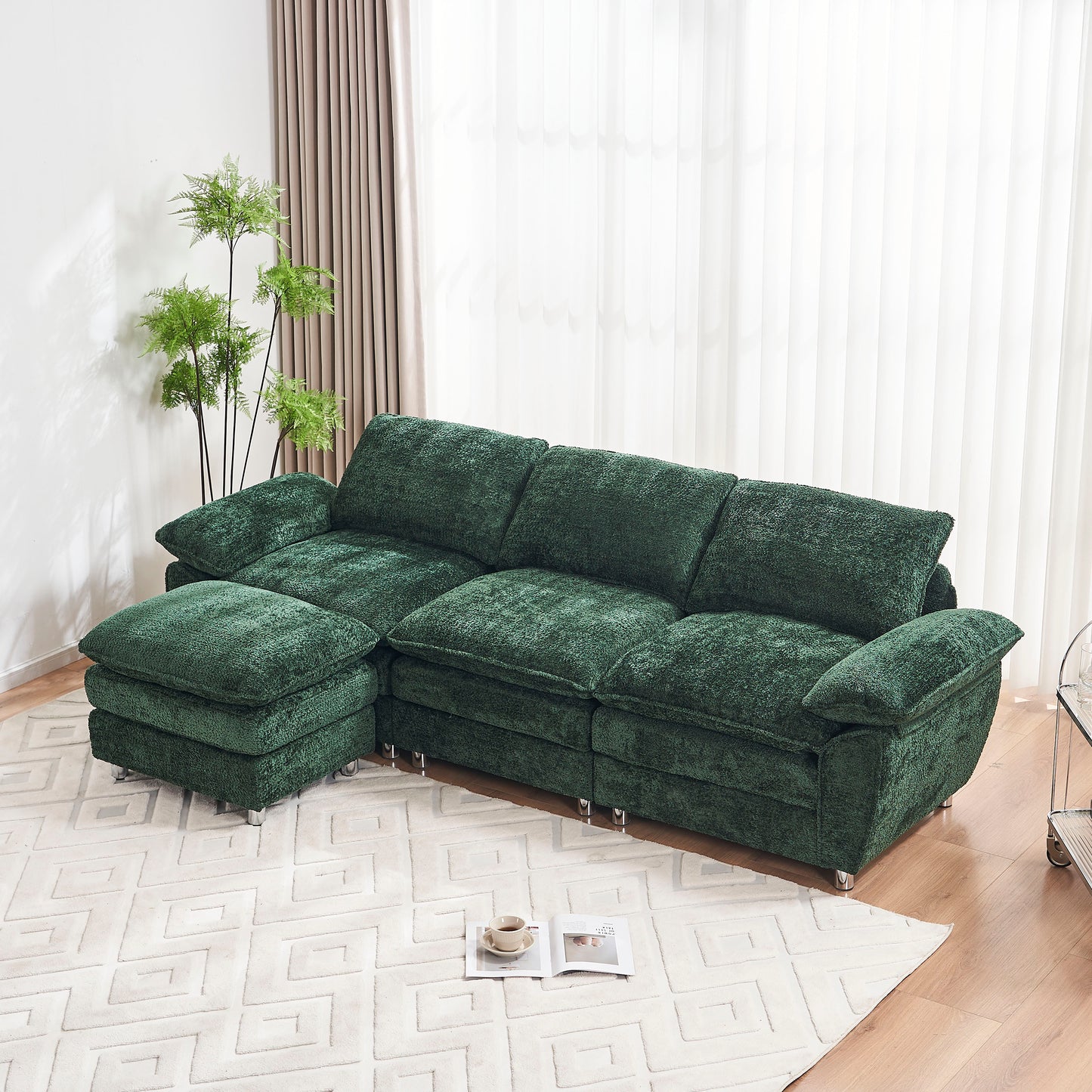 Melysen Modern Deep 3-Seat Sofa Couch with Ottoman, Polyester Sofa Sleeper Comfy Upholstered Furniture for Living Room, Apartment, Studio, Office, Green