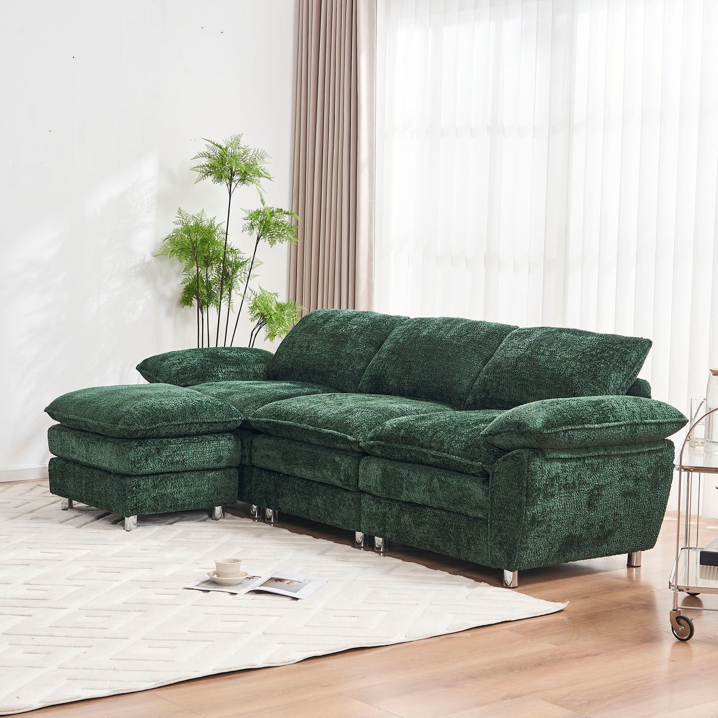 Melysen Modern Deep 3-Seat Sofa Couch with Ottoman, Polyester Sofa Sleeper Comfy Upholstered Furniture for Living Room, Apartment, Studio, Office, Green