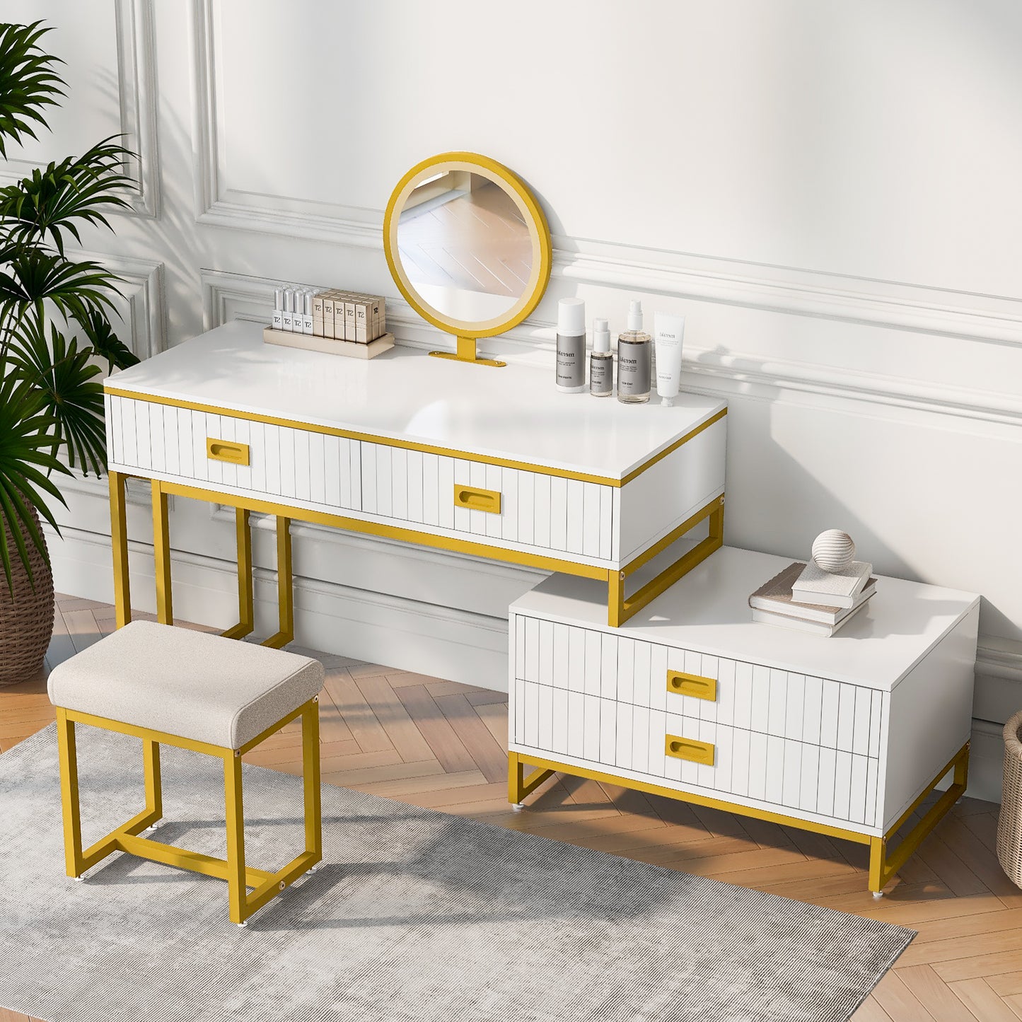 Melysen Modern Style Vanity Table With Movable Side Cabinet And 4-Drawers, Large Size Dressing Table With Mirror and 3-colors LED Light, Makeup Table With Stool, White, Golden Legs