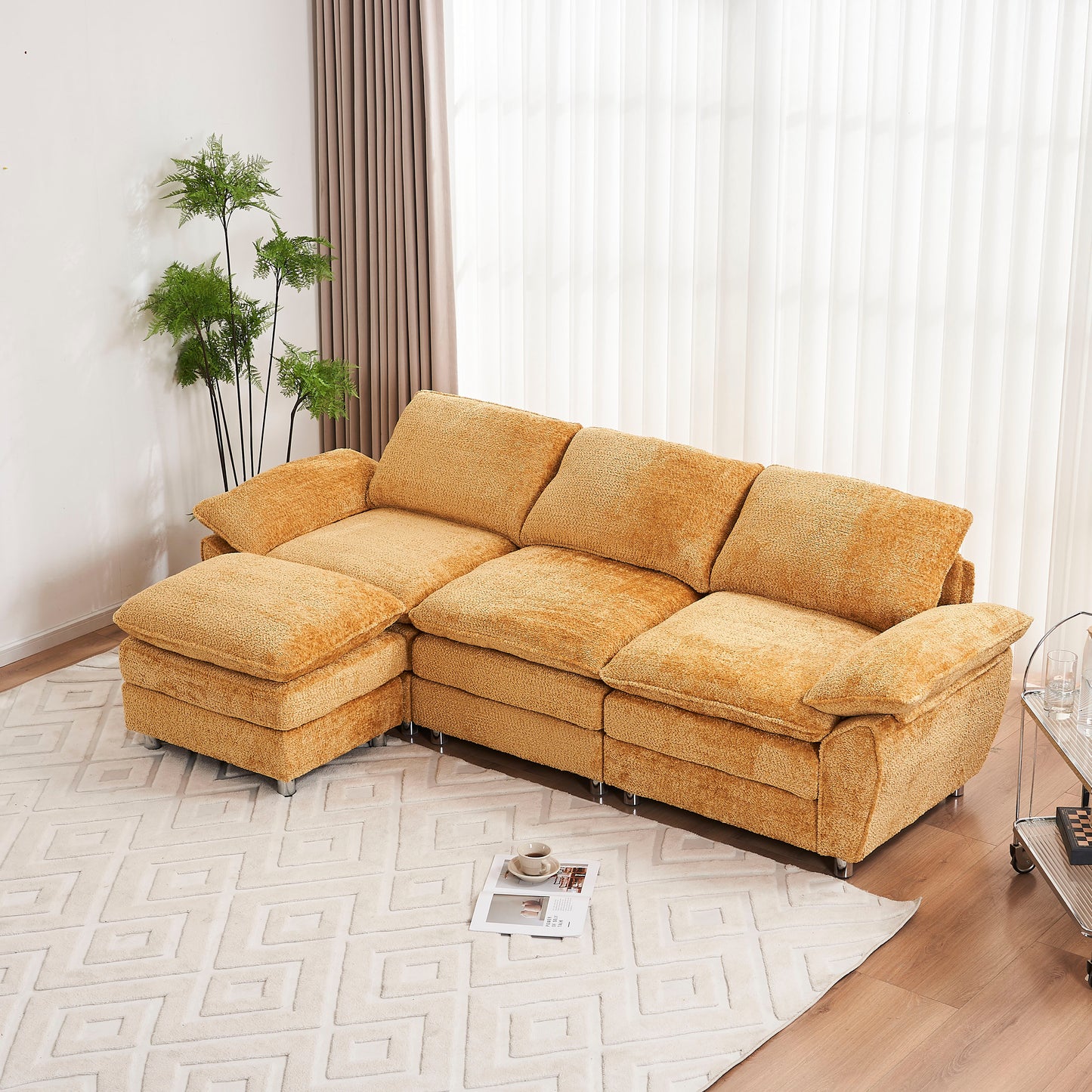 Melysen Modern Deep 3-Seat Sofa Couch with Ottoman, Polyester Sofa Sleeper Comfy Upholstered Furniture for Living Room, Apartment, Studio, Office,Yellow