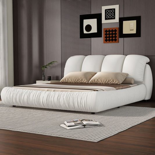 Melysen Queen Size Luxury Upholstered Bed with Thick Headboard, Leather Queen Bed with Oversized Padded Backrest, White