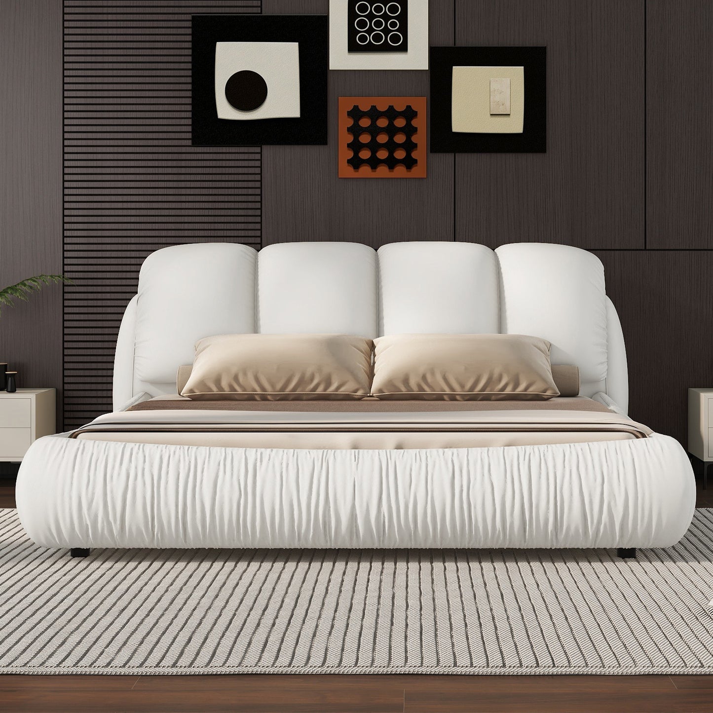 Melysen Queen Size Luxury Upholstered Bed with Thick Headboard, Leather Queen Bed with Oversized Padded Backrest, White