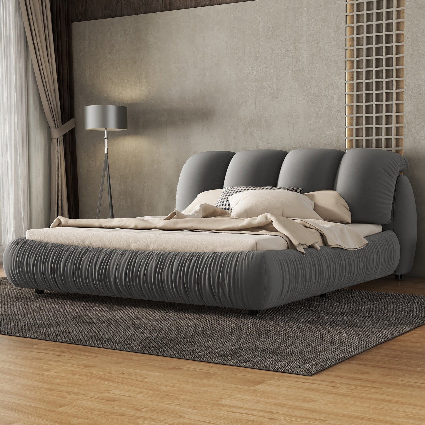 Melysen Queen Size Luxury Upholstered Bed with Thick Headboard, Velvet Queen Bed with Oversized Padded Backrest, Gray