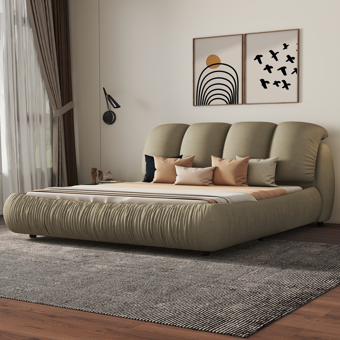 Melysen Queen Size Luxury Upholstered Bed with Thick Headboard, Vevet Queen Bed with Oversized Padded Backrest, Cinerous