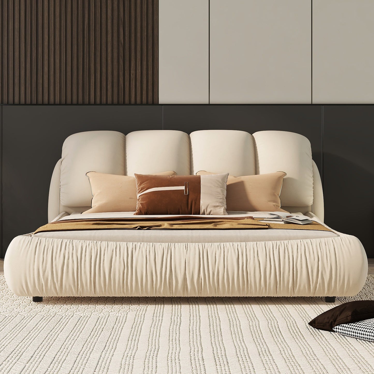 Melysen Queen Size Luxury Upholstered Bed with Thick Headboard, Velvet Queen Bed with Oversized Padded Backrest, Beige