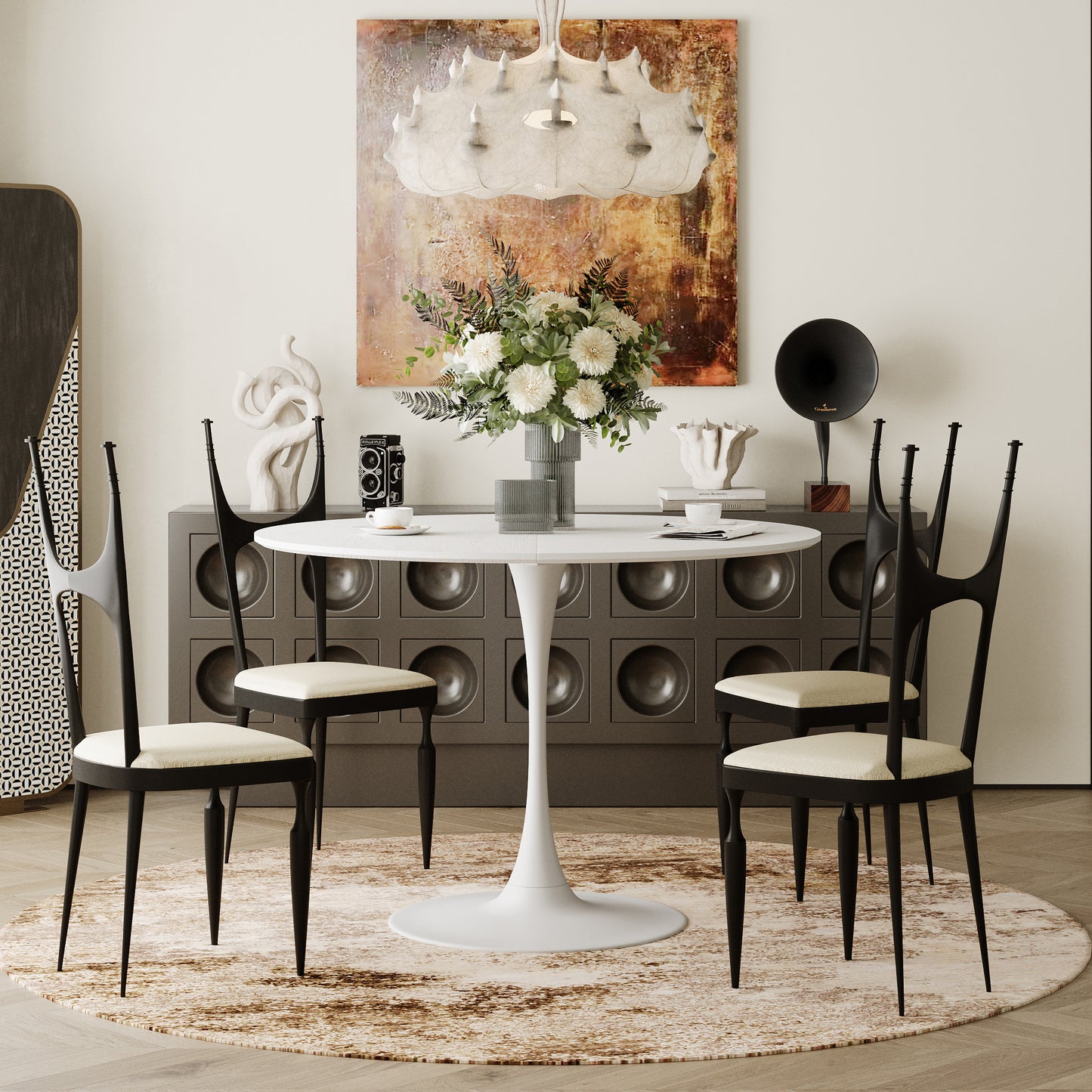 Melysen 42.13"Modern Round Dining Table,Four Patchwork Tabletops with White Solid Wood Veneer Table Top,Metal Base Dining Table, End Table Leisure Coffee Table