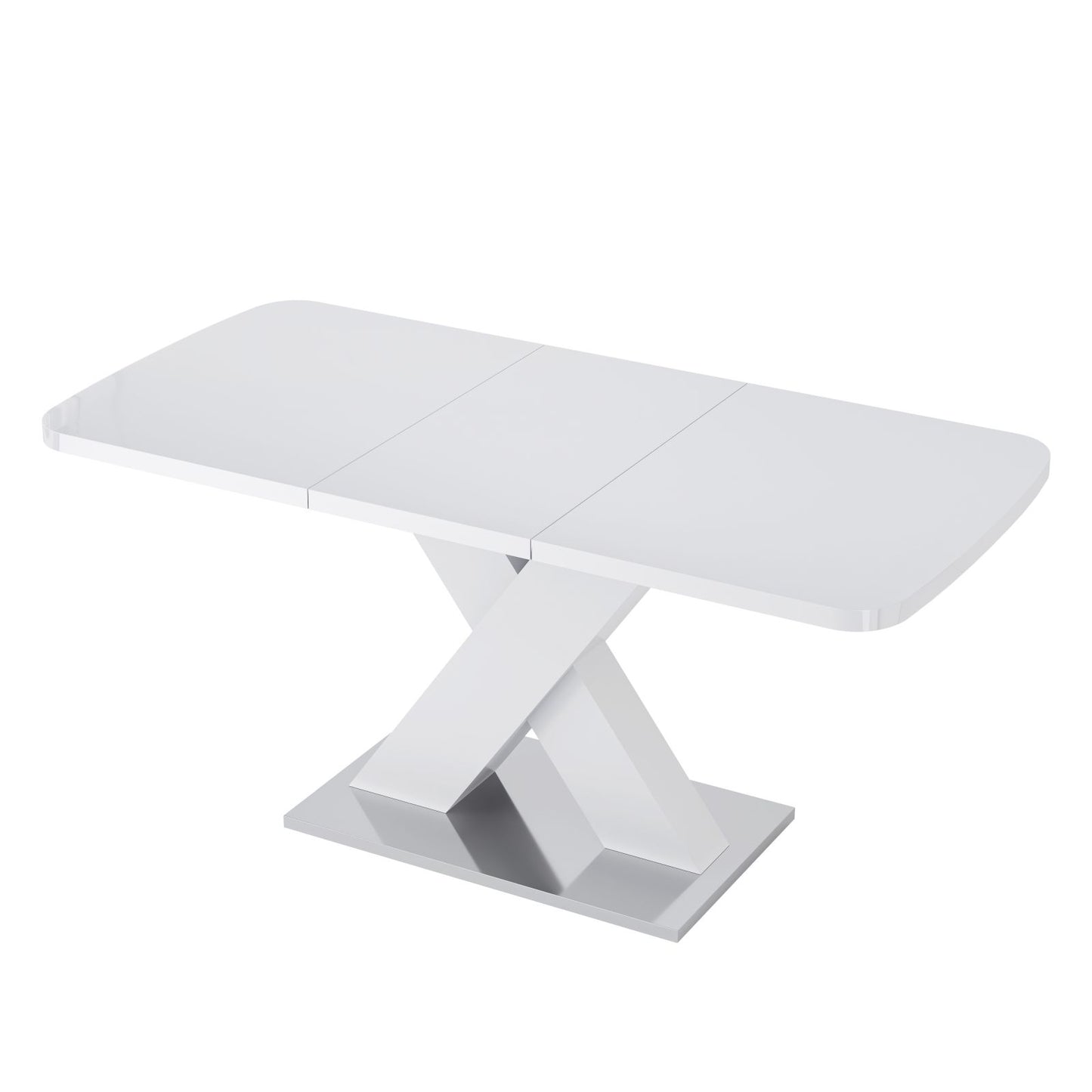 Melysen Modern Square Dining Table, Stretchable, White Table Top and MDF X Shape Table Leg with Metal Base