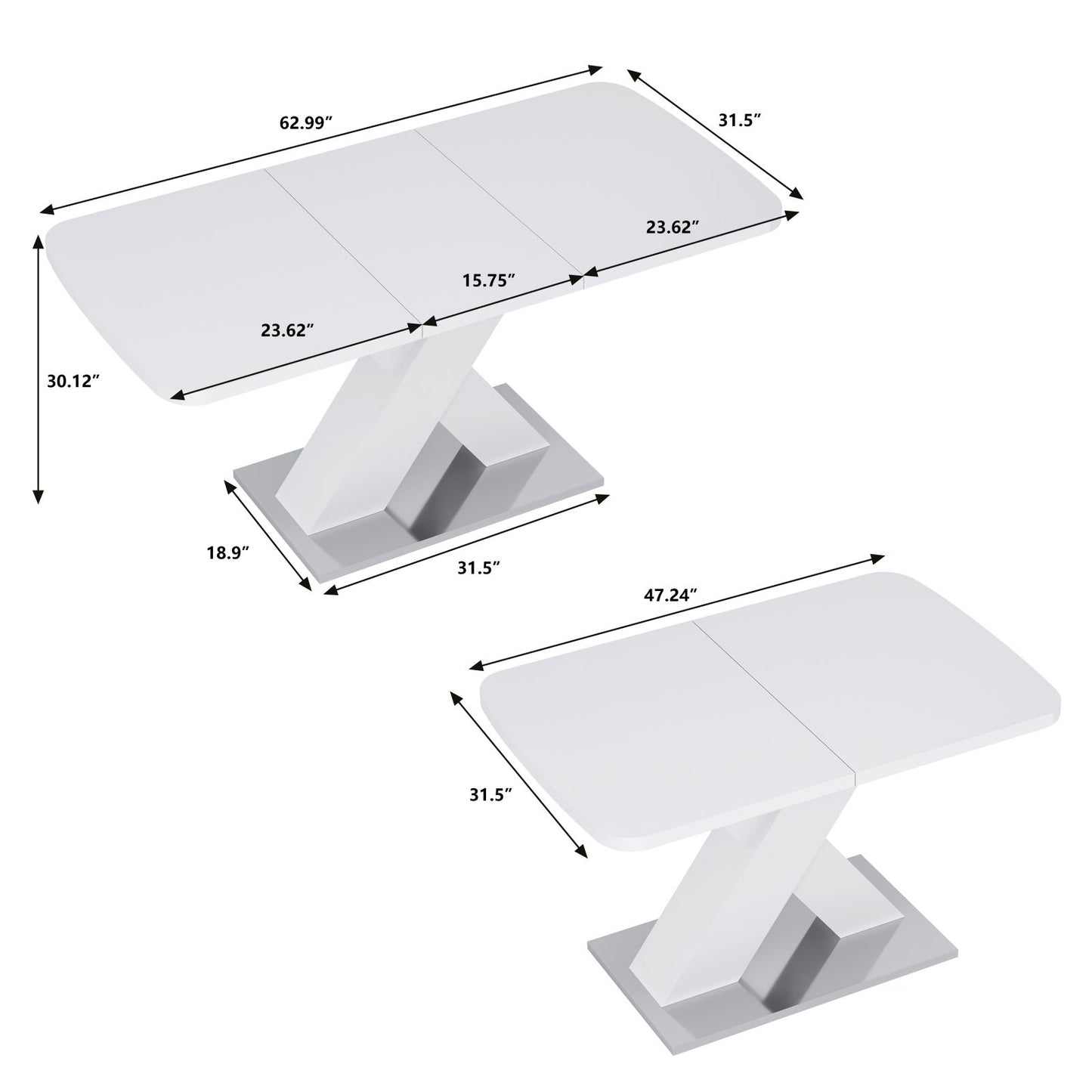 Melysen Modern Square Dining Table, Stretchable, White Table Top and MDF X Shape Table Leg with Metal Base